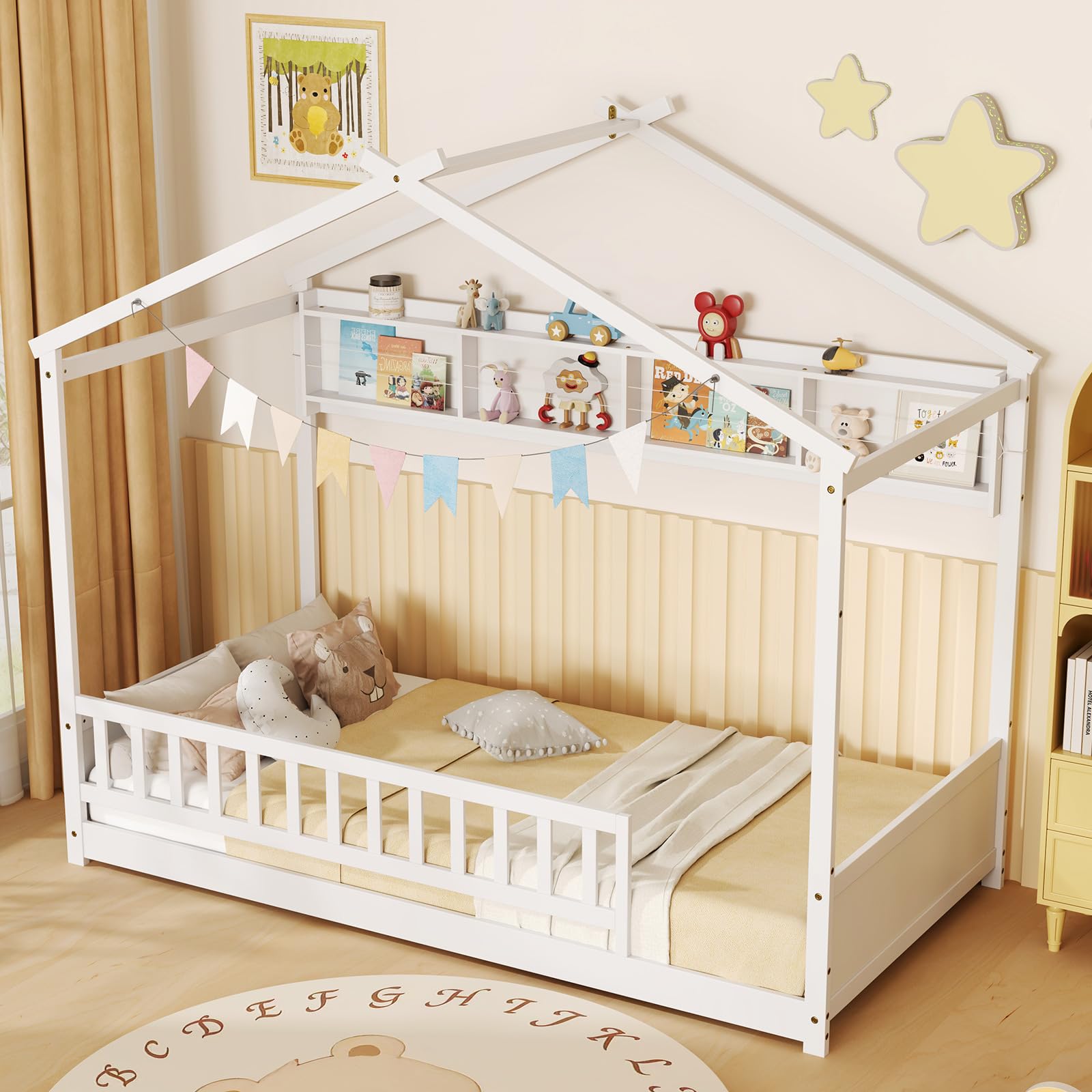 Twin Floor House Bed with Storage Shelf, Headboard & Guardrail