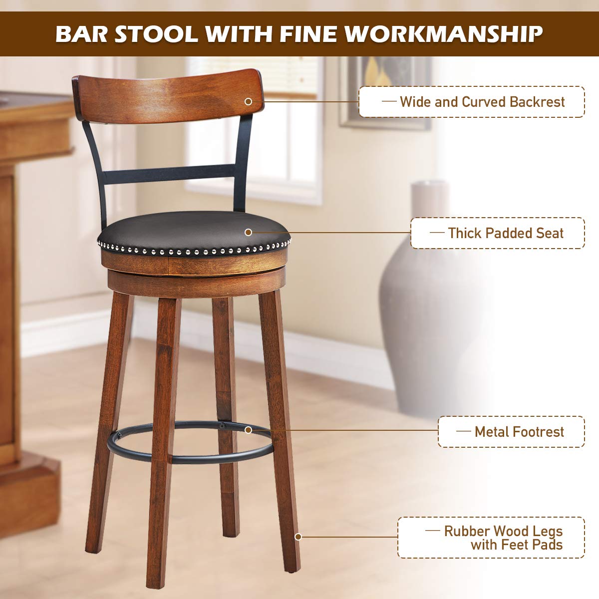 Bar Stools Set of 1/2/4, 360-Degree Swivel Stools with Leather Padded Seat, Single Slat Ladder Back & Solid Rubber Wood Legs
