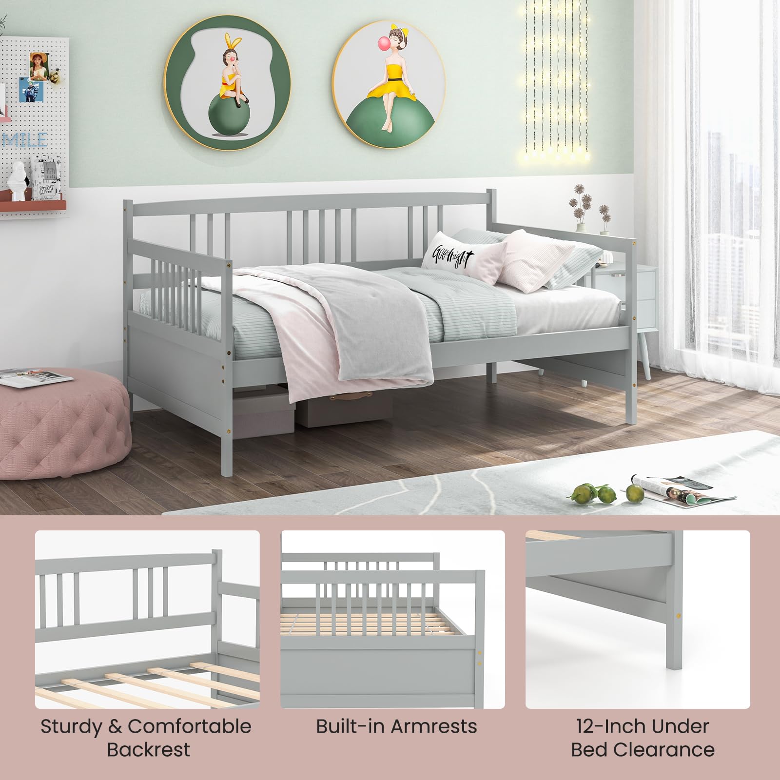 Twin Daybed Frame, Wooden Sofa Bed Guest Bed with Rails & Wood Slat Support