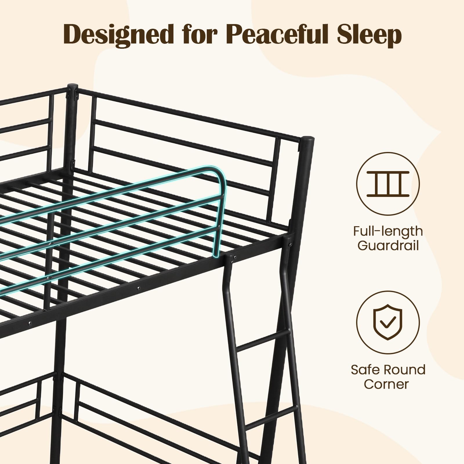 Twin Size Loft Bed, Metal Loft Bed Frame with Ladder & Safety Guardrail