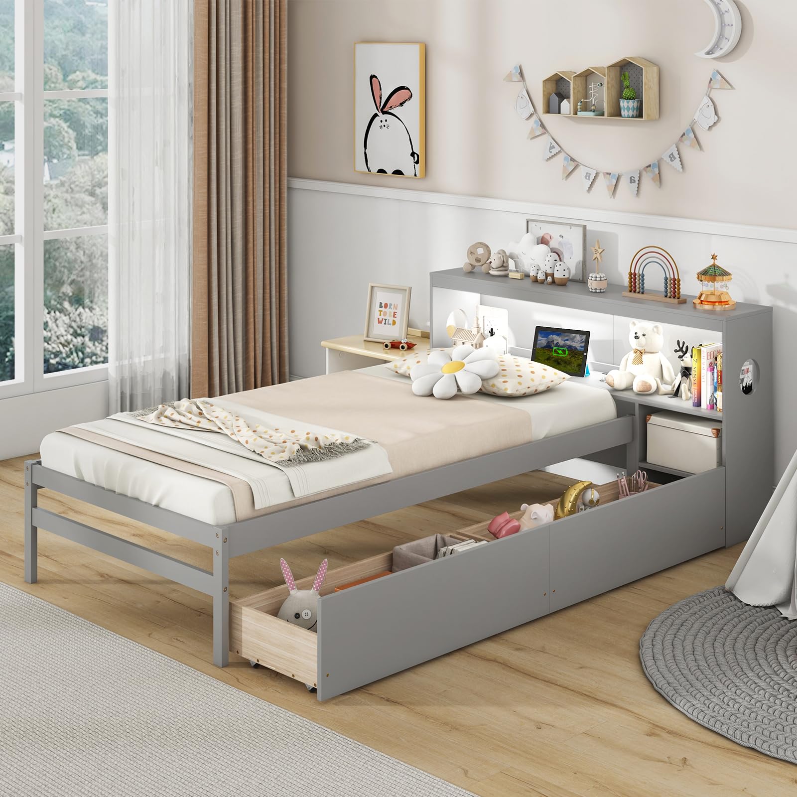 Wood Twin Bed Frame with Storage Drawer & Headboard, Modern Platform Bed with Charging Station & LED Light