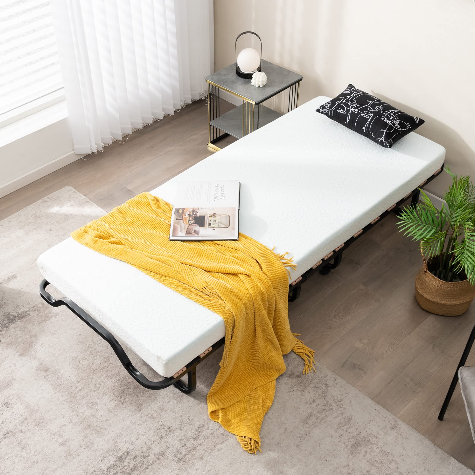 Folding Bed with 4 Inch Memory Foam Mattress & Solid Wood Slats