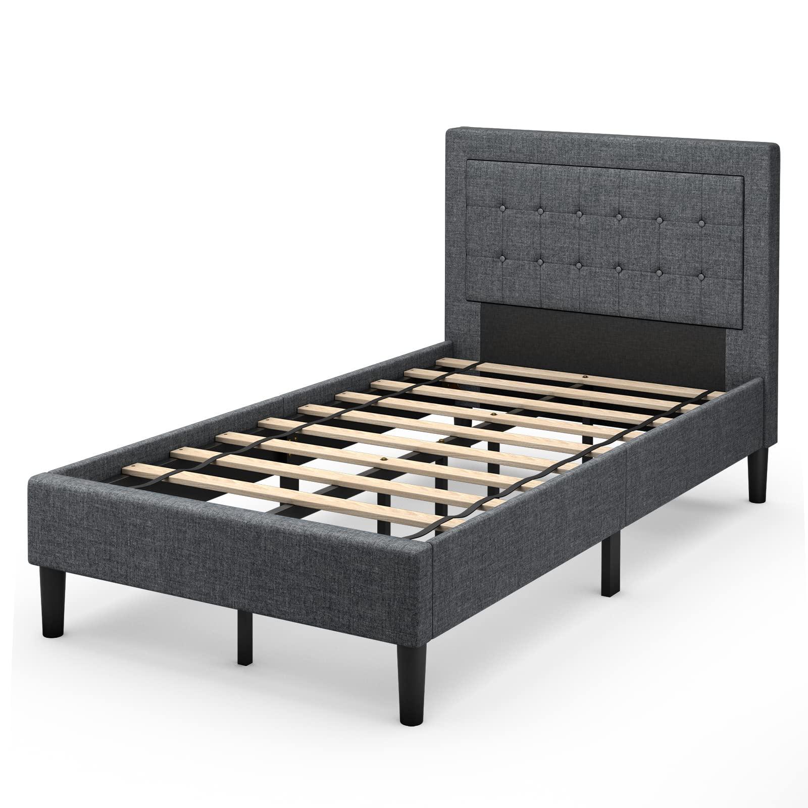Twin Size Linen Upholstered Platform Bed Frame with Button Tufted Headboard and Wooden Slats