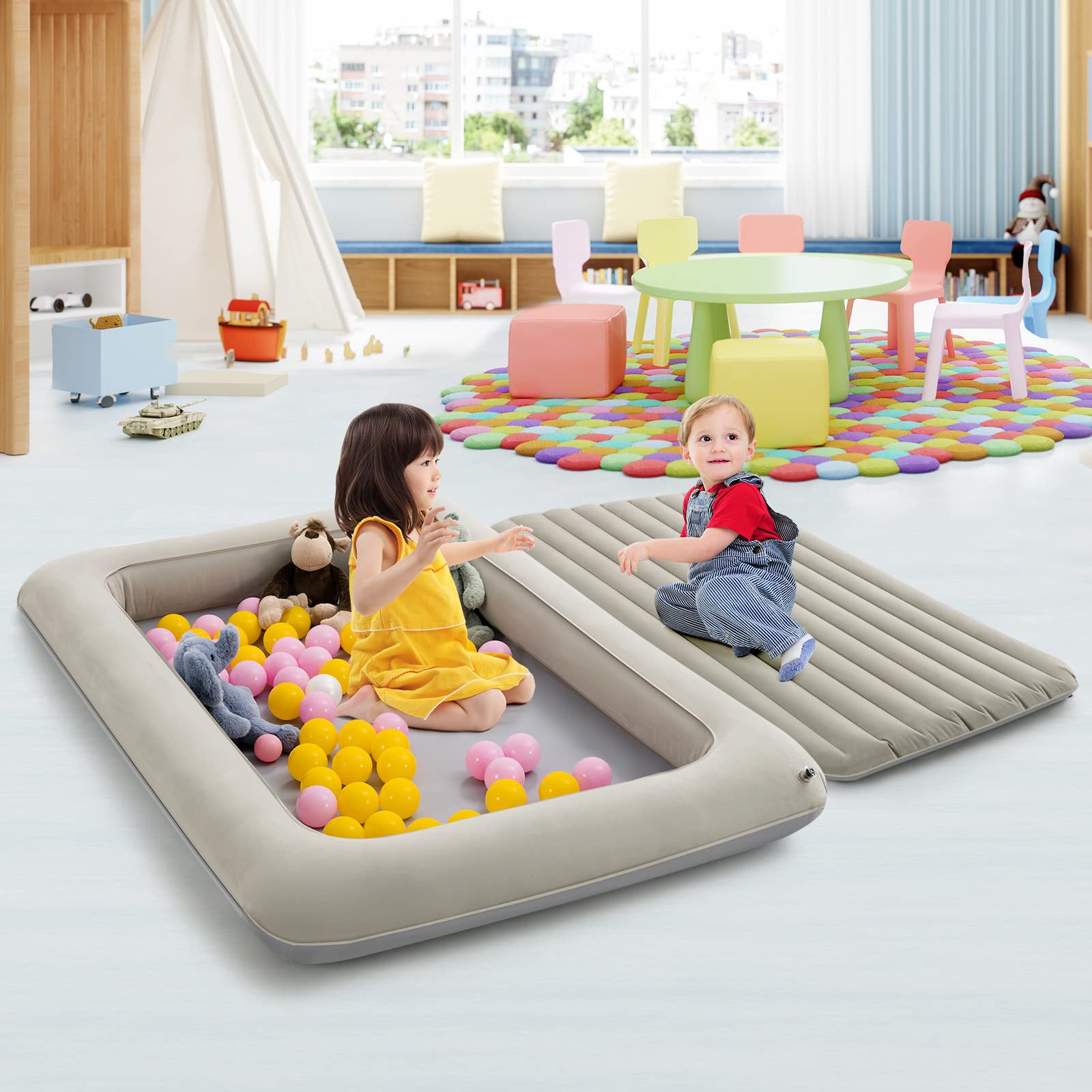 Inflatable Toddler Travel Bed, Kids Blow Up Air Mattress with Sides, Includes Air Pump, Travel Bag