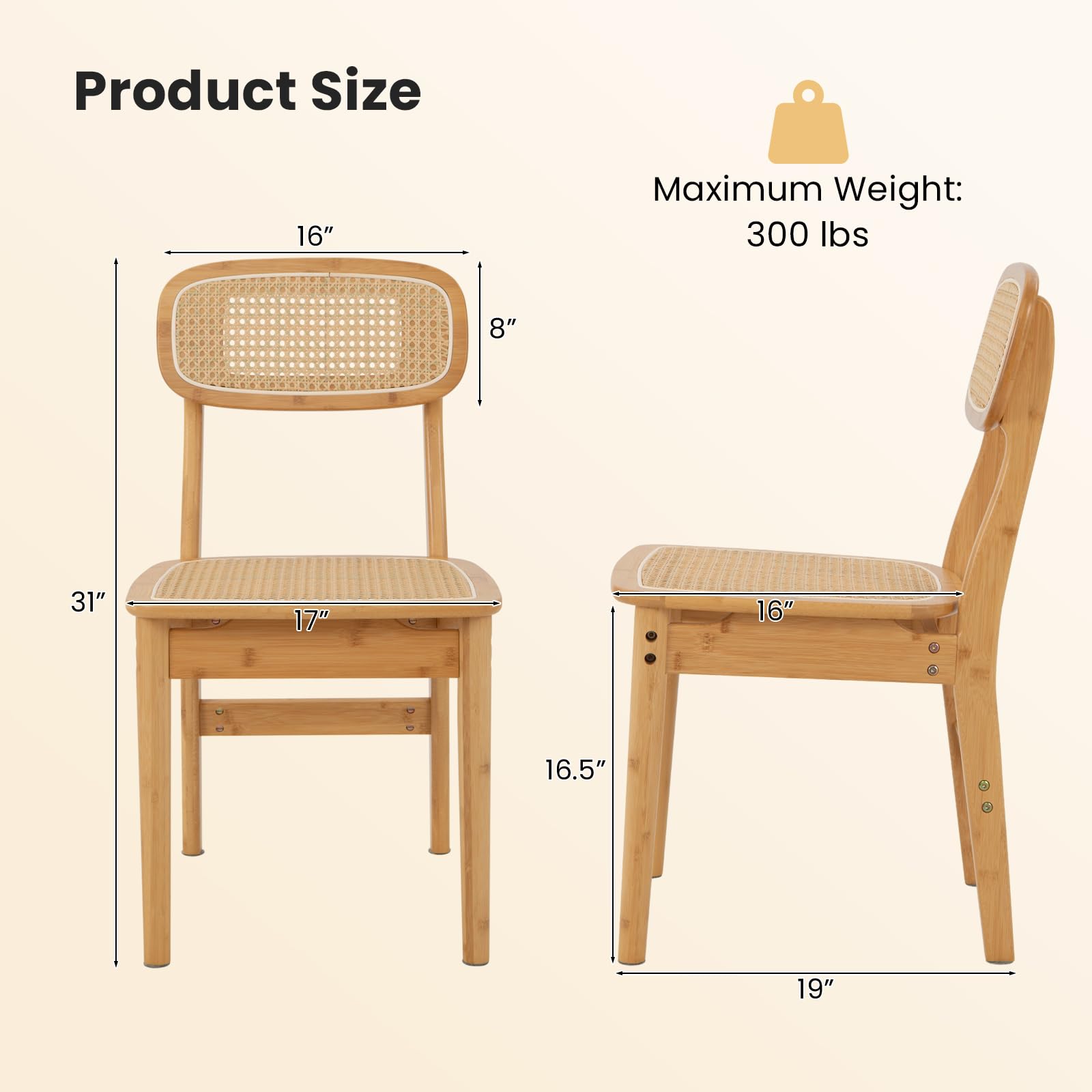 Rattan Dining Chairs Set of 2/4, Bamboo Armless Dining Room Chairs