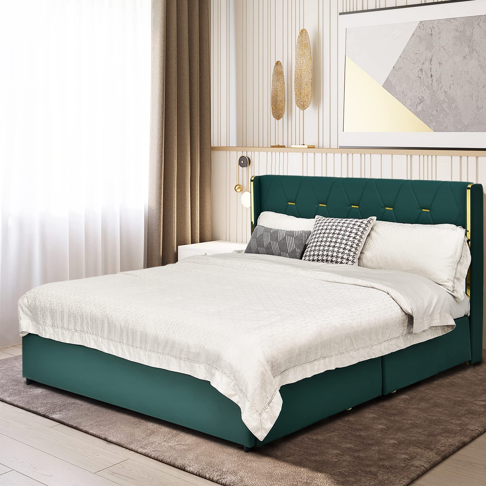 Full/Queen Upholstered Bed Frame with 4 Rolling Storage Drawers, Space Saving PU Leather Bed Frame