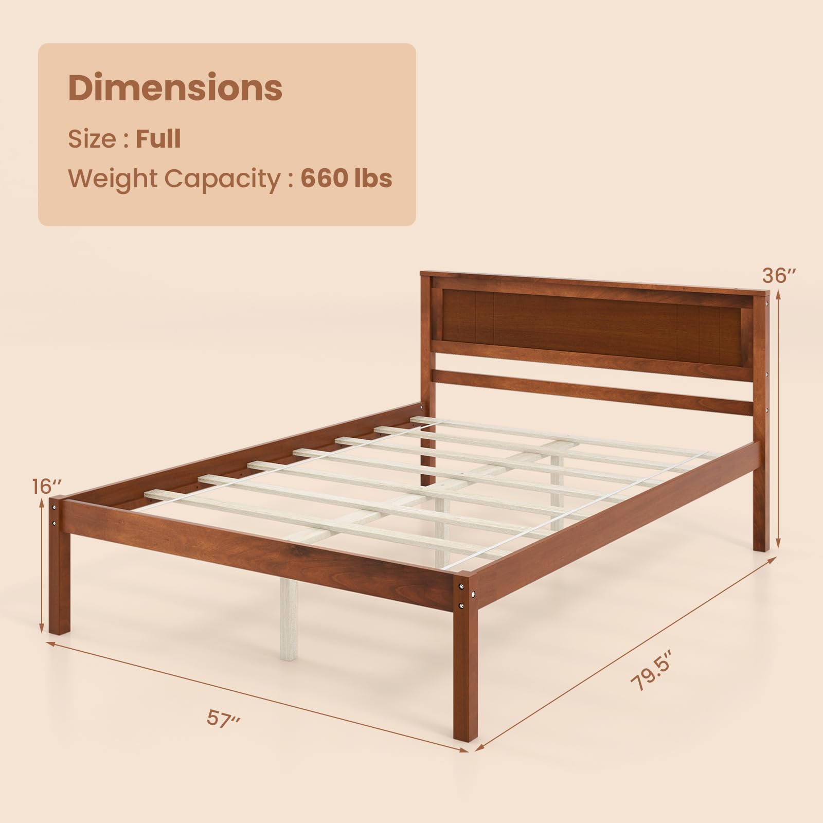 Wooden Platform Bed Frame with Headboard & Wood Slat Support