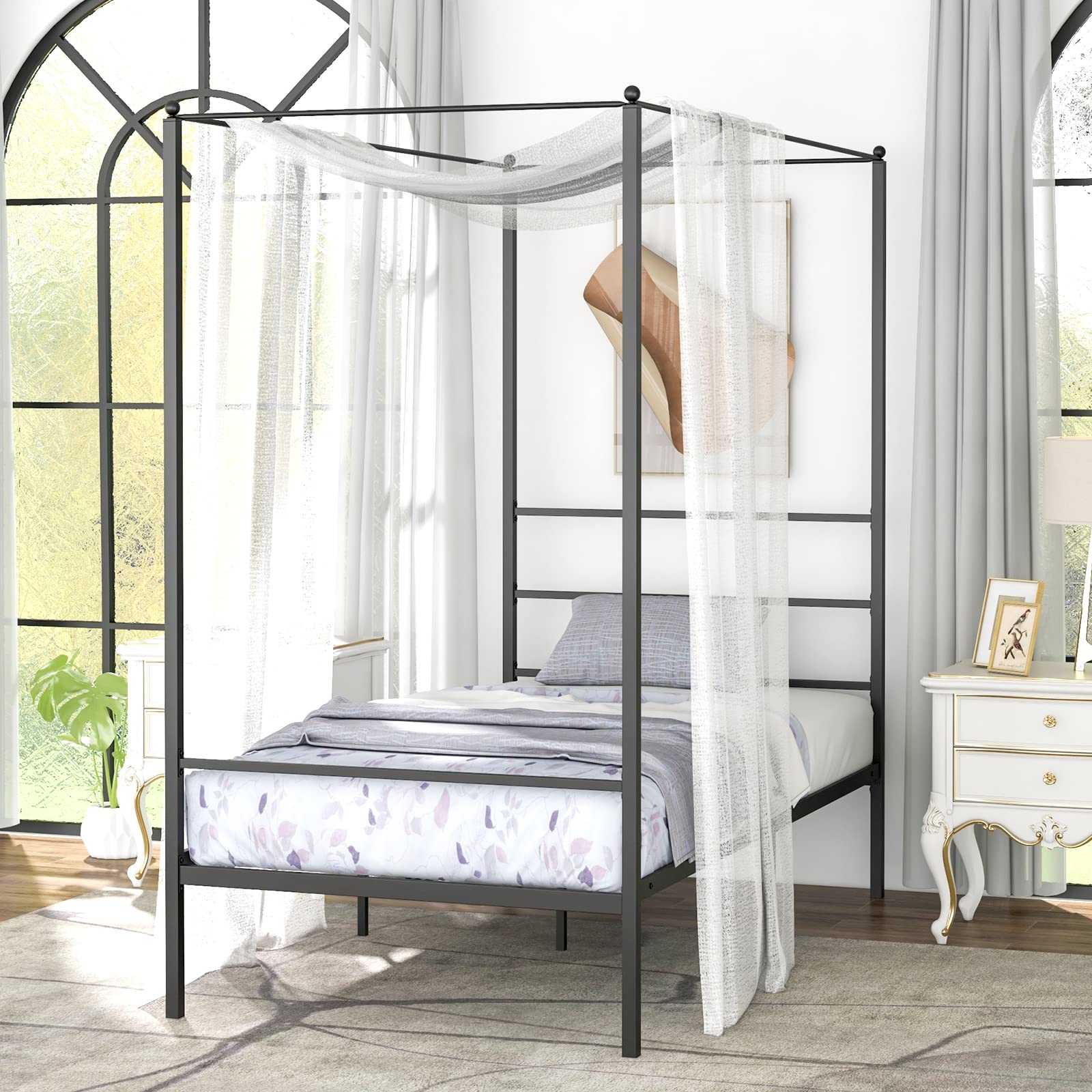 Metal Canopy Bunk Bed, Modern 4 Poster Canopied Platform Bed with Headboard