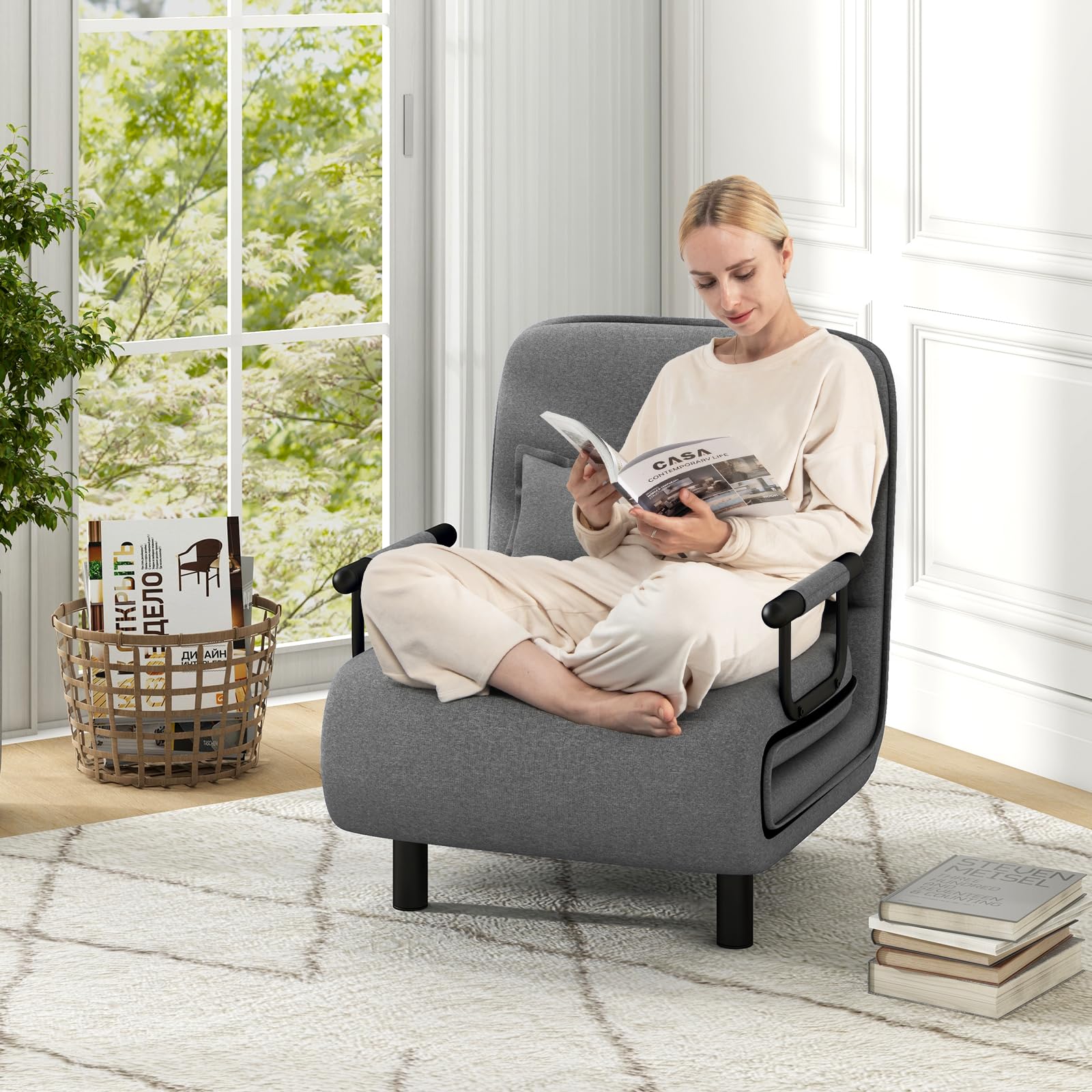 Convertible Chair Bed with 5-Position Adjustable Backrest & Lumbar Pillow, 2 Hidden Metal Legs & 2 Lockable Casters