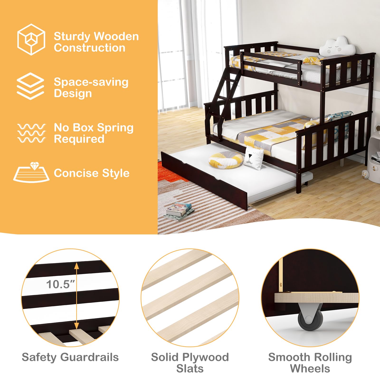 Convertible 3-in-1 Twin Over Full Bunk Bed with Trundle