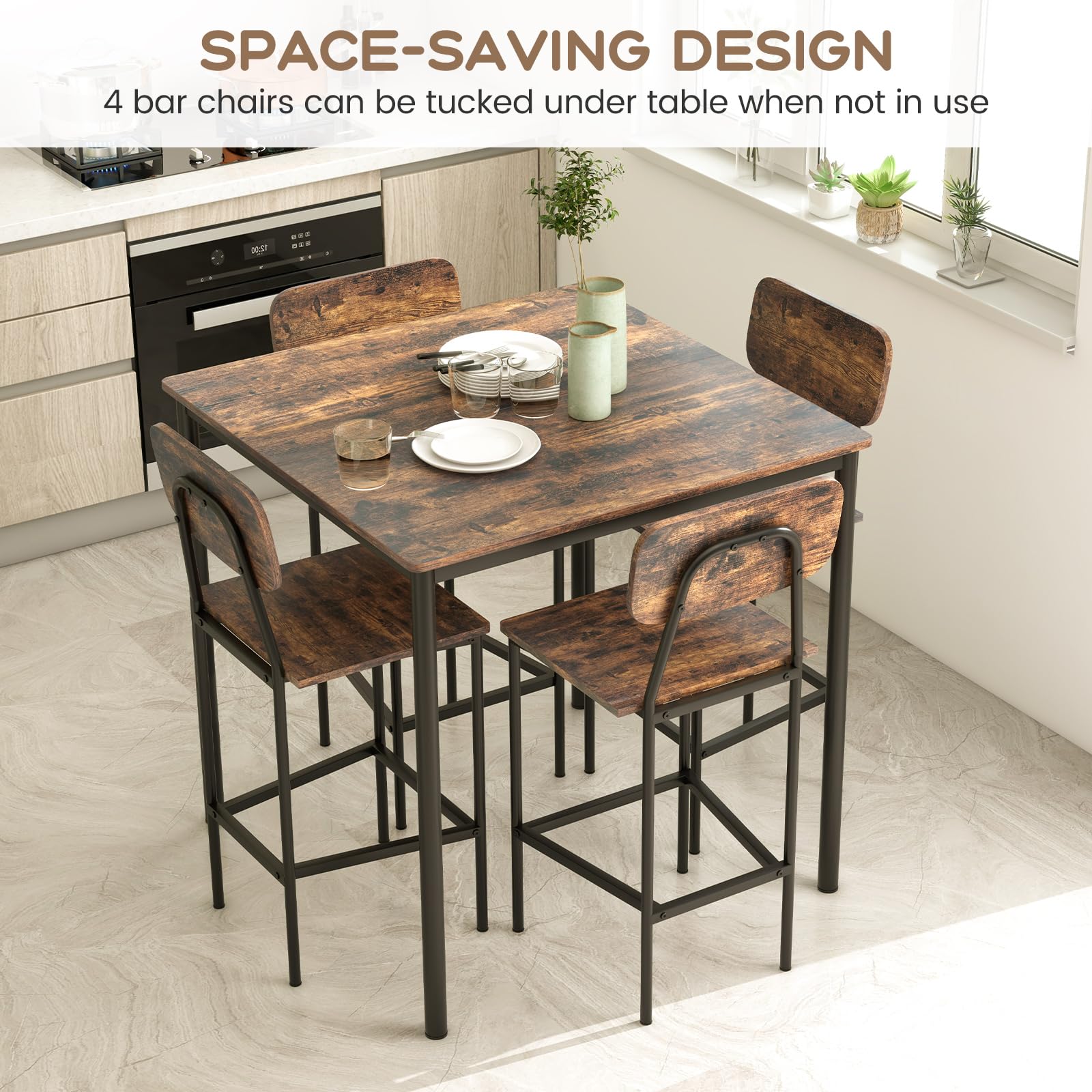 5 Piece Dining Table Set with Counter Height Table & 4 Bar Stools, Industrial Kitchen Dining Table Set  with Footrest & Backrest