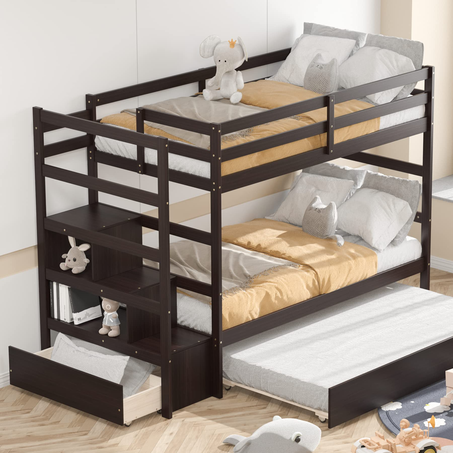 Twin Over Twin Bunk Bed with Trundle & Staircase, Storage Shelves & Drawer