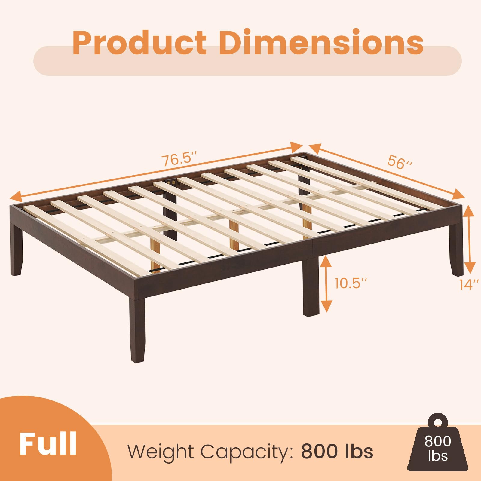 Wood Platform Bed Frame, 14 Inches Wooden Mattress Foundation with Solid Rubber Wood Legs