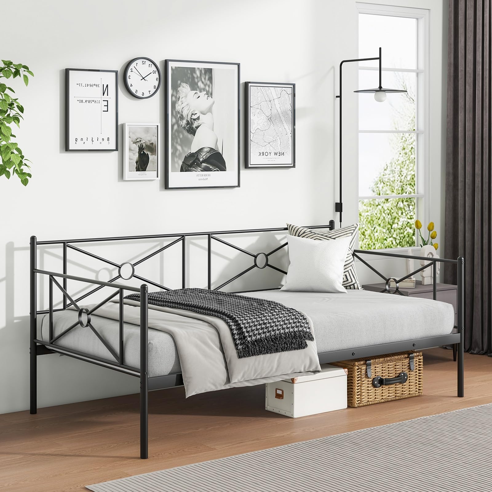 Twin Size Metal Daybed Frame, Heavy-Duty Steel Slats Support Platform Bed Frame, Multifunctional Sofa Guest Bed with Headboard