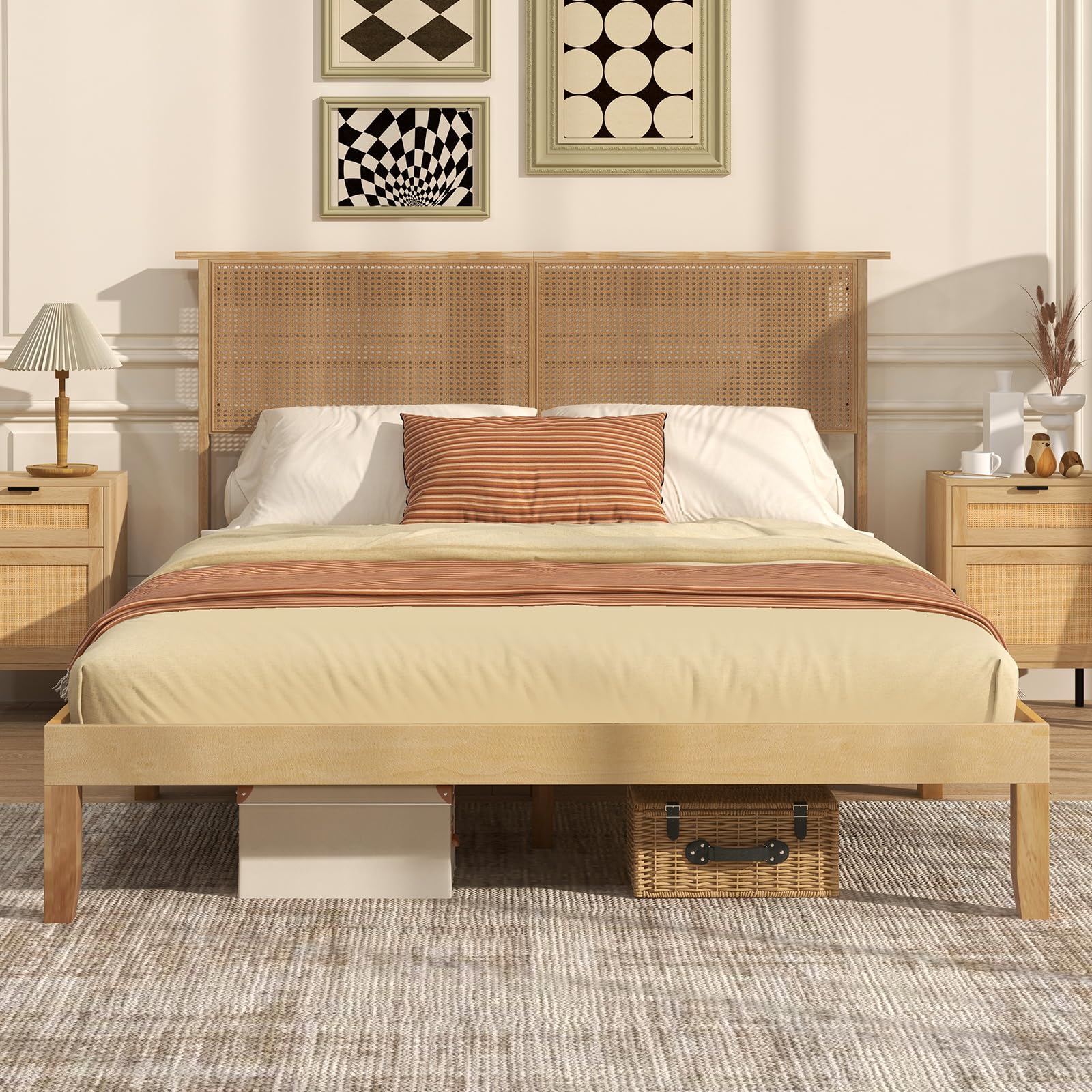 Wood Platform Bed Frame with Rattan Headboard, Wooden Slats & Under-Bed Storage