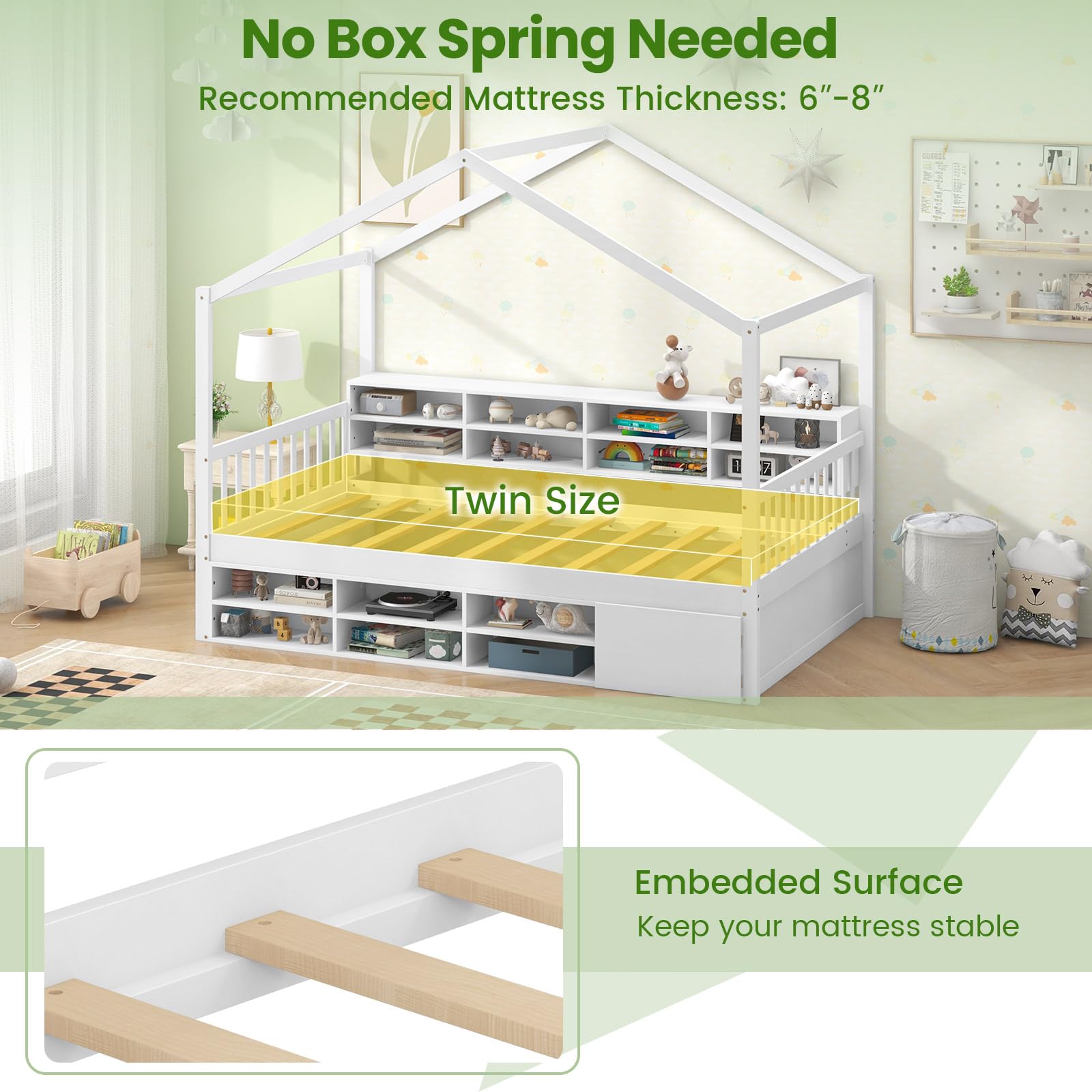 Twin Size House Bed with Storage, Wooden Montessori House Bed with 14 Storage Cubes, Enclosed Cabinet, Wood Slats & Fencing