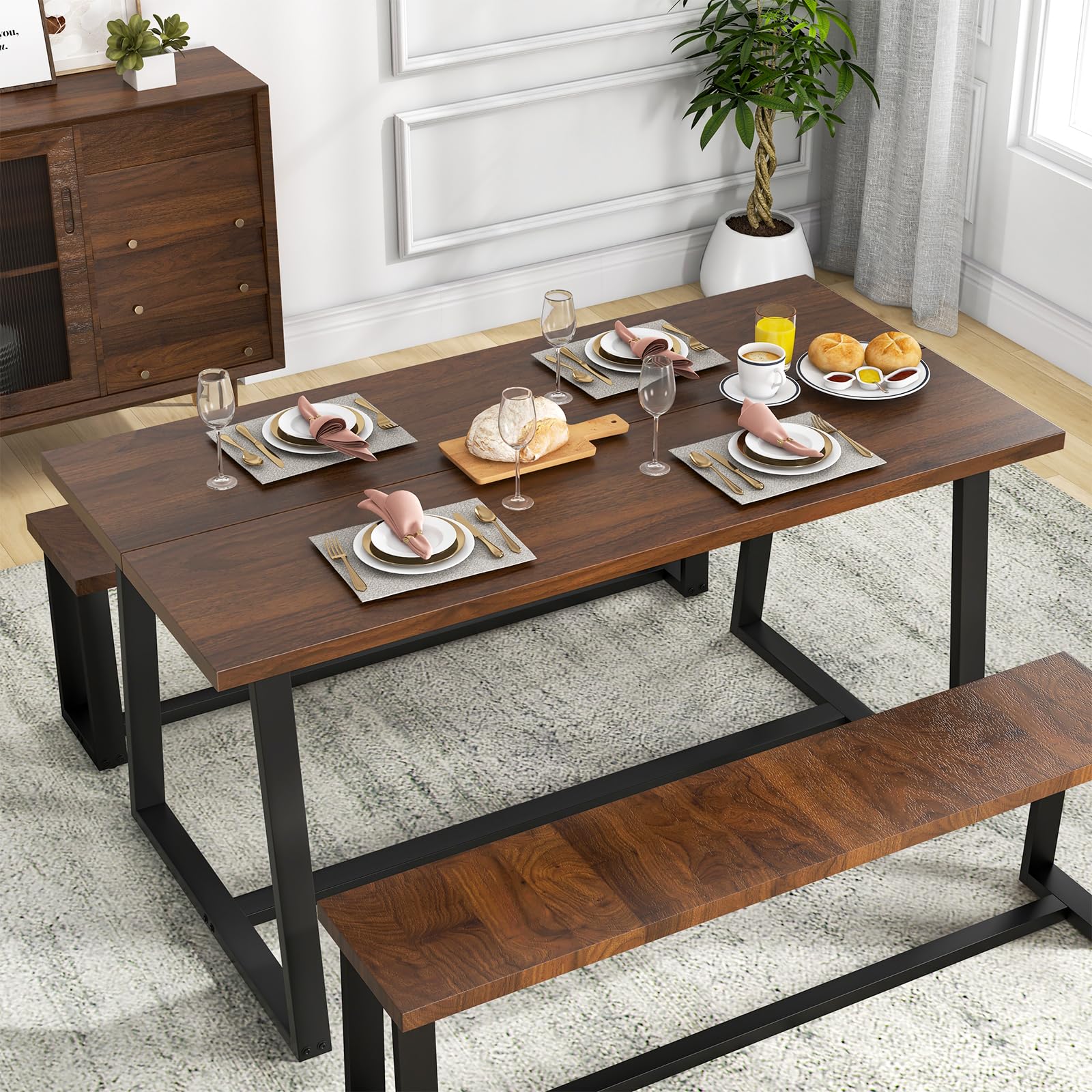 63" Rectangular Large Dining Table for 4-6, Mid-Century Kitchen Table w/Heavy-Duty Metal Frame