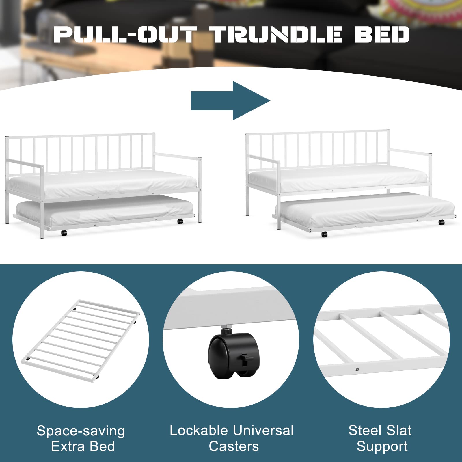 Metal Twin Size Daybed with Trundle