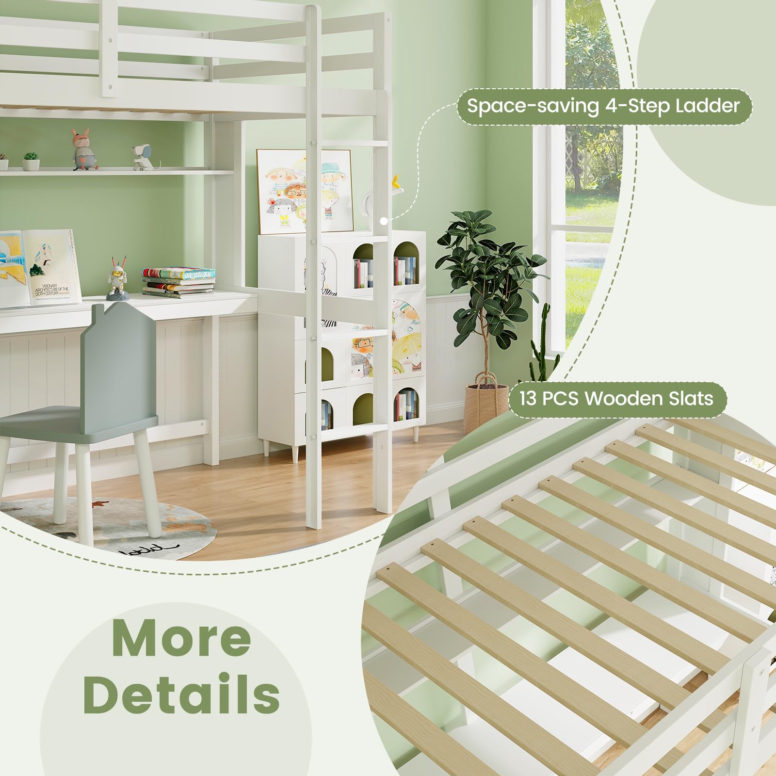 Twin Size Loft Bed with Desk, Bookshelf, Full Length Safety Guardrail & Ladder