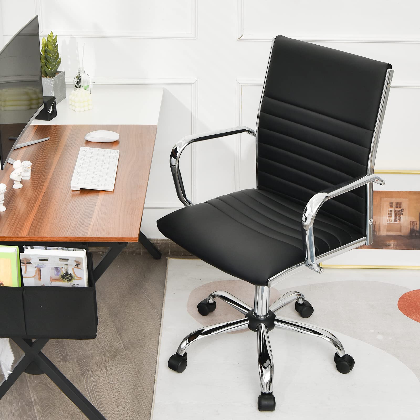 Ribbed Office Chair, Ergonomic Modern Leather Desk Chair with Adjustable Height & Arms, Swivel Mid Back Executive Conference Room Chairs
