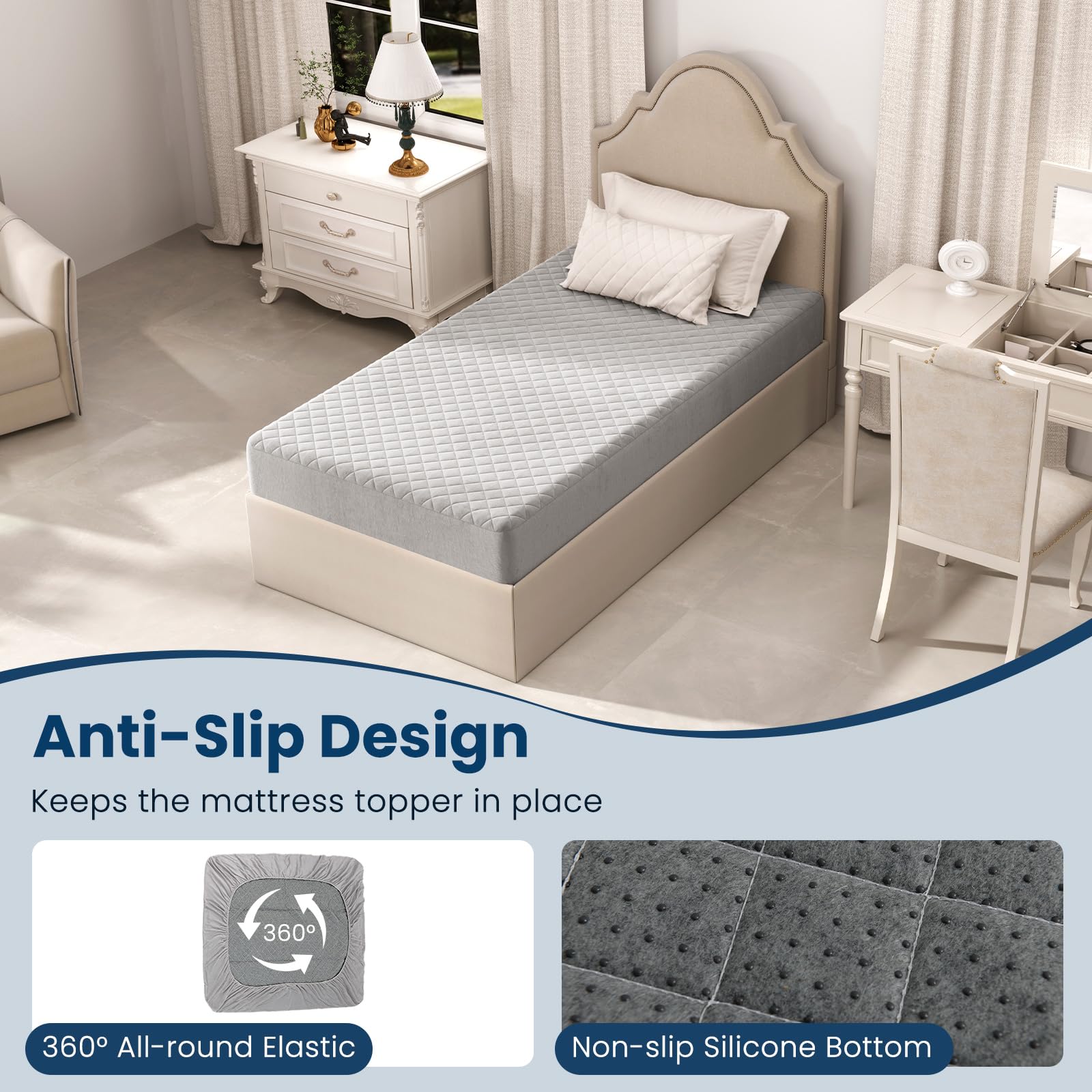 Mattress Topper Cover, Soft Velvet Mattress Protector with Deep Pockets, Elastic Sides & Anti-Slip Bottom