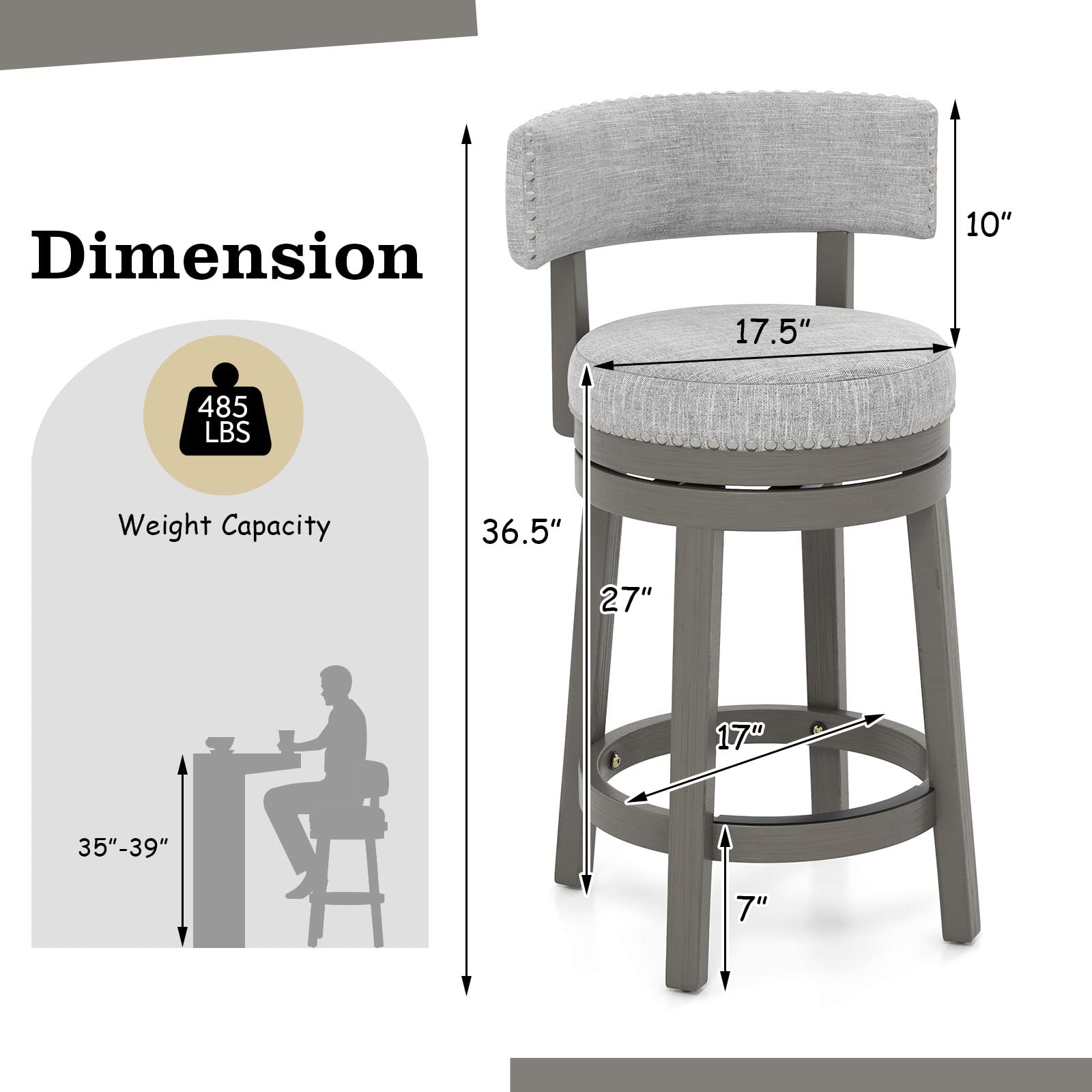 Modern 360&deg; Swivel Bar Stool with Upholstered Back & Seat, Solid Rubber Wood Legs & Round Footrest