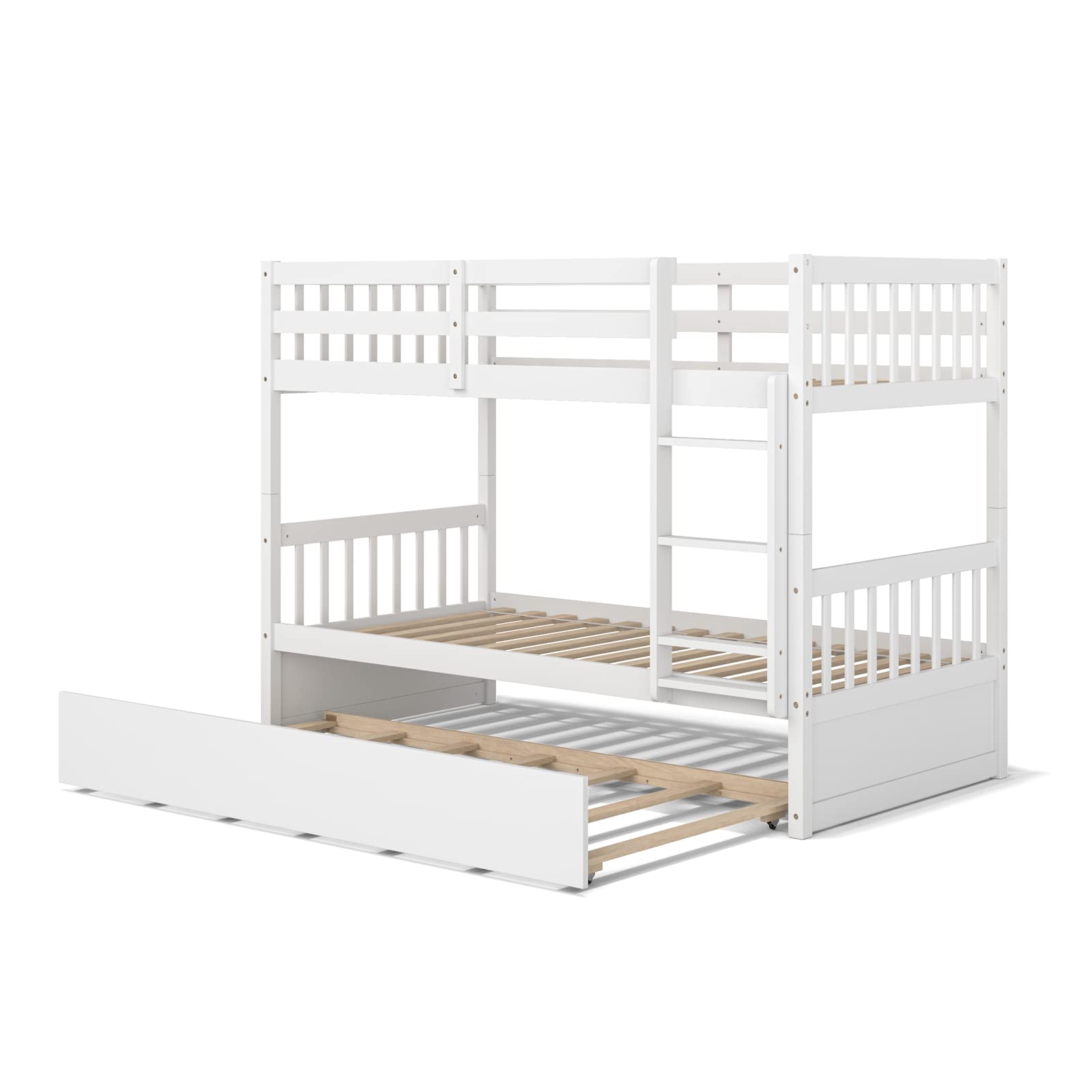 Twin Over Twin Wood Bunk Bed with Trundle, 2-in-1 Convertible Bunk Bed with Ladder & Solid Wood Frame