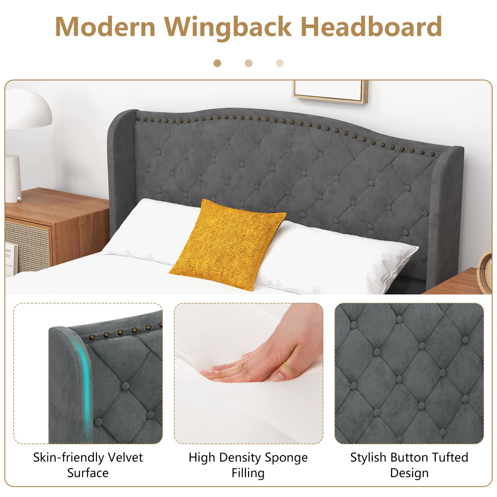 Full/Queen Size Velvet Upholstered Platform Bed Frame with Button Tufted Headboard