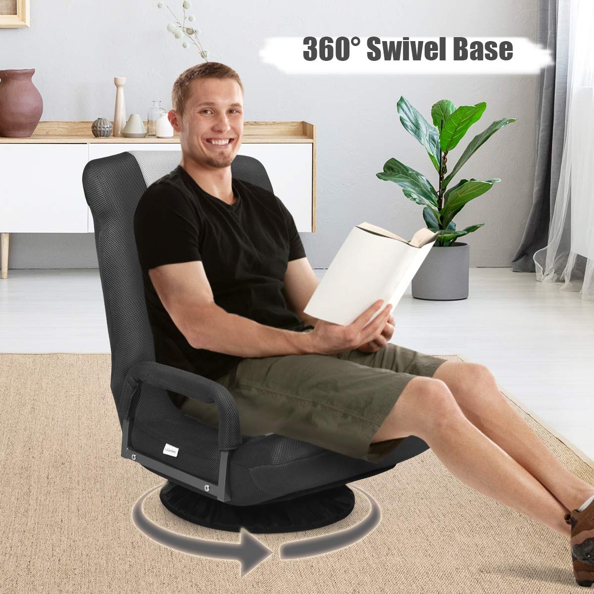 360-Degree Foldable Swivel Gaming Floor Chair With 6 Adjustable Position, Armrests, Padded Backrest