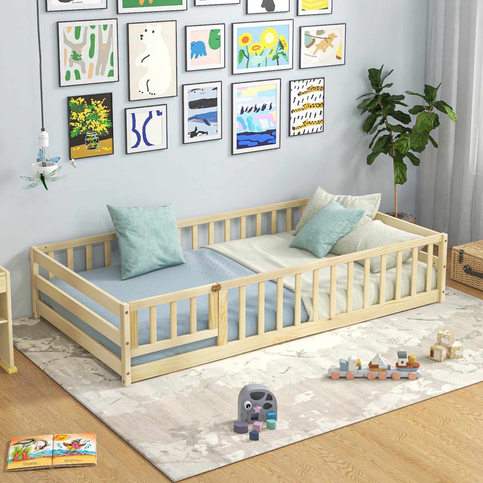 Twin Floor Bed with Door & Fence, Kids Wood Montessori Bed with Safety Guardrails