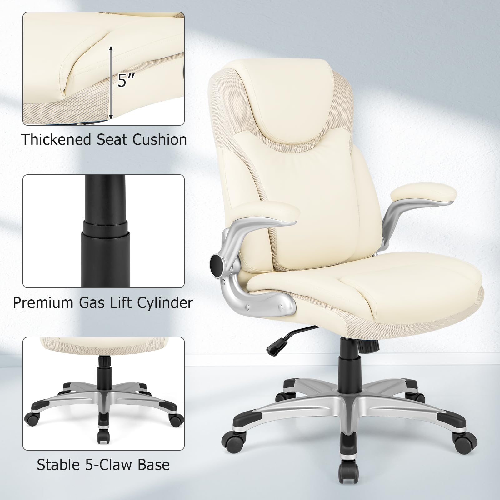 Executive Office Chair, PU Leather Ergonomic Desk Chair with Flip-up Armrests and Height Adjustable