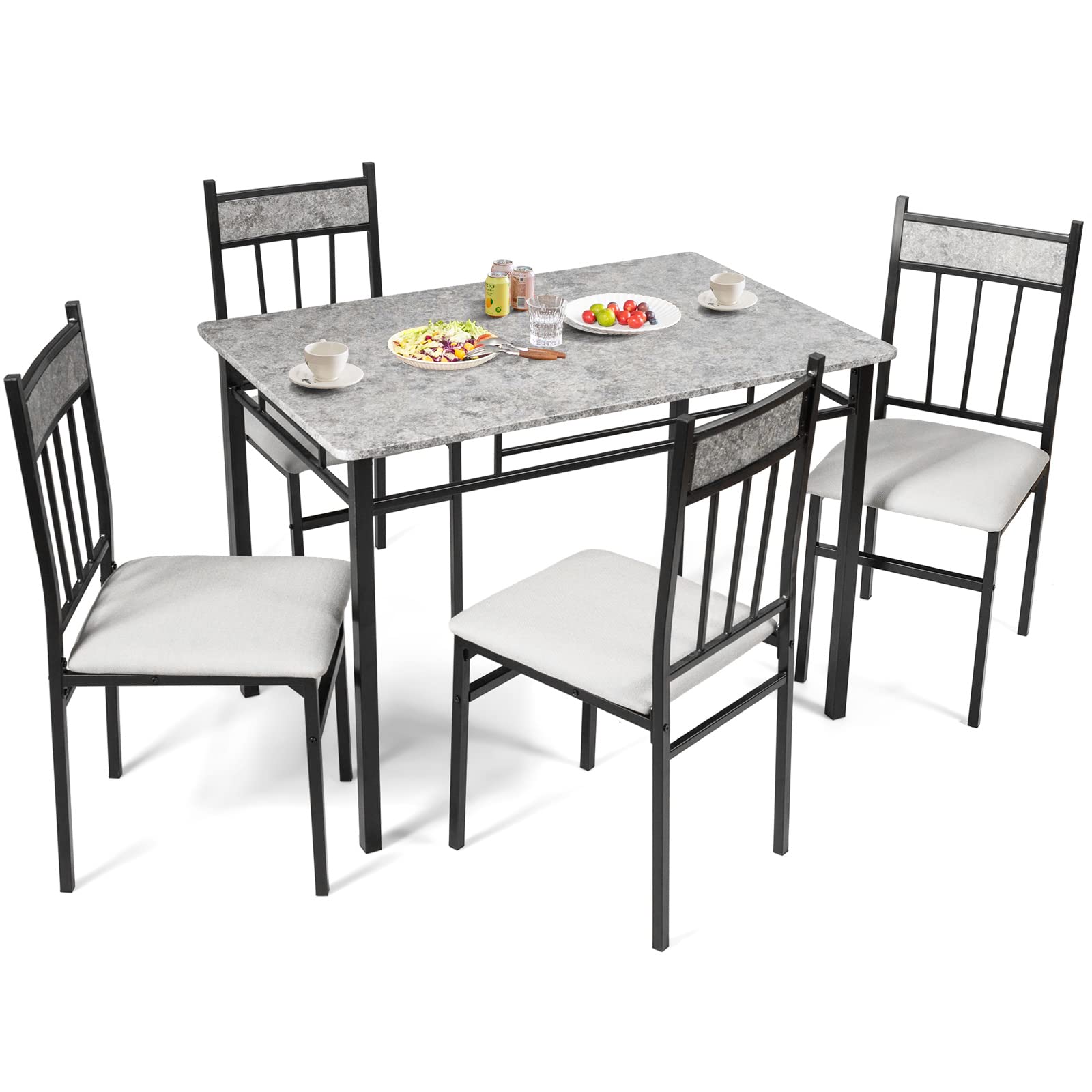 5 Piece Dining Table Set, Modern Rectangular Dining Table & Upholstered Chair Set w/Marble Tabletop