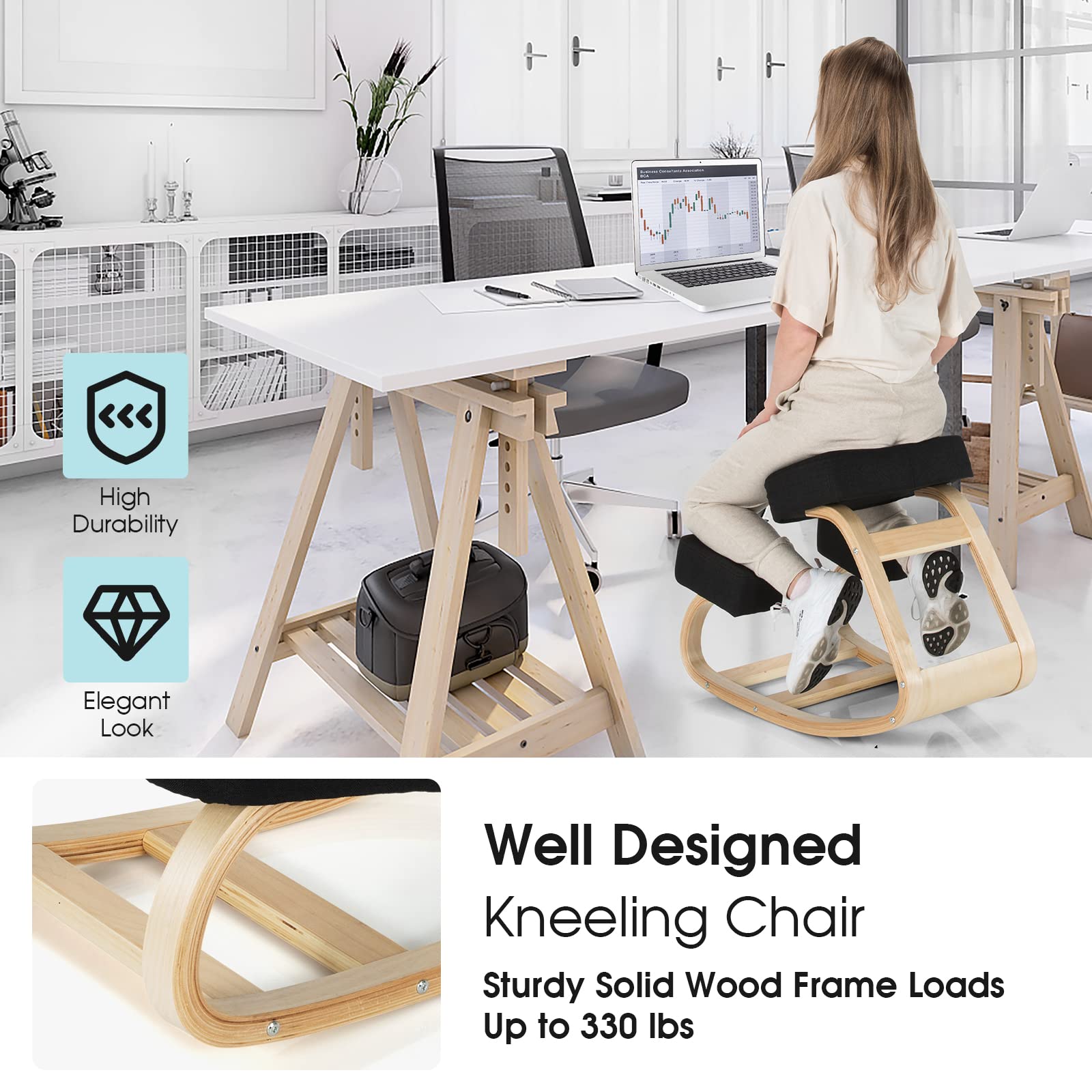 Kneeling Chair, Wood Posture Chair, Max Load 330 Lbs, Rocking Knee Chair with Soft Cushion