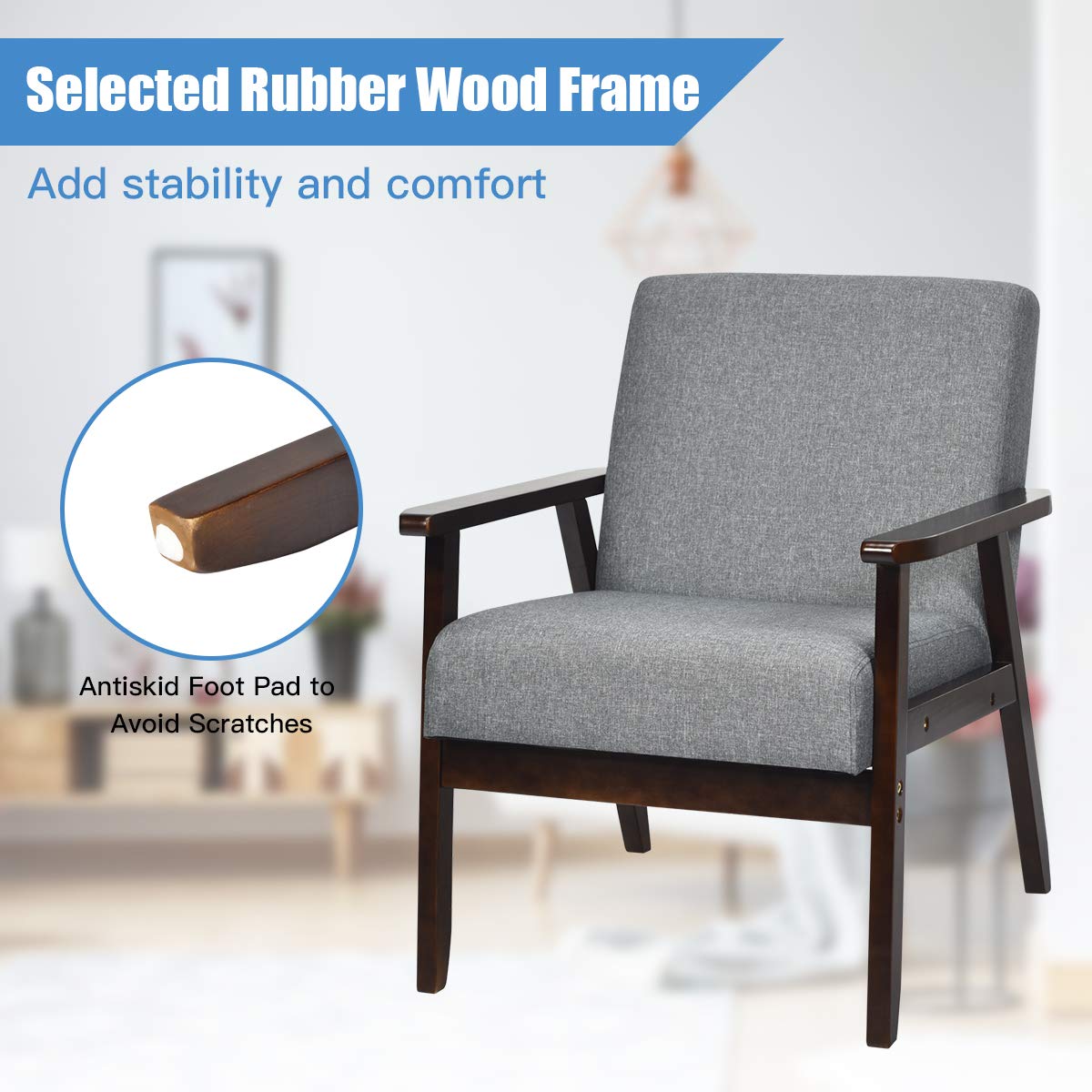 Solid Hardwood Made Mid-Century Modern Accent Chair | Retro Fabric Armchair