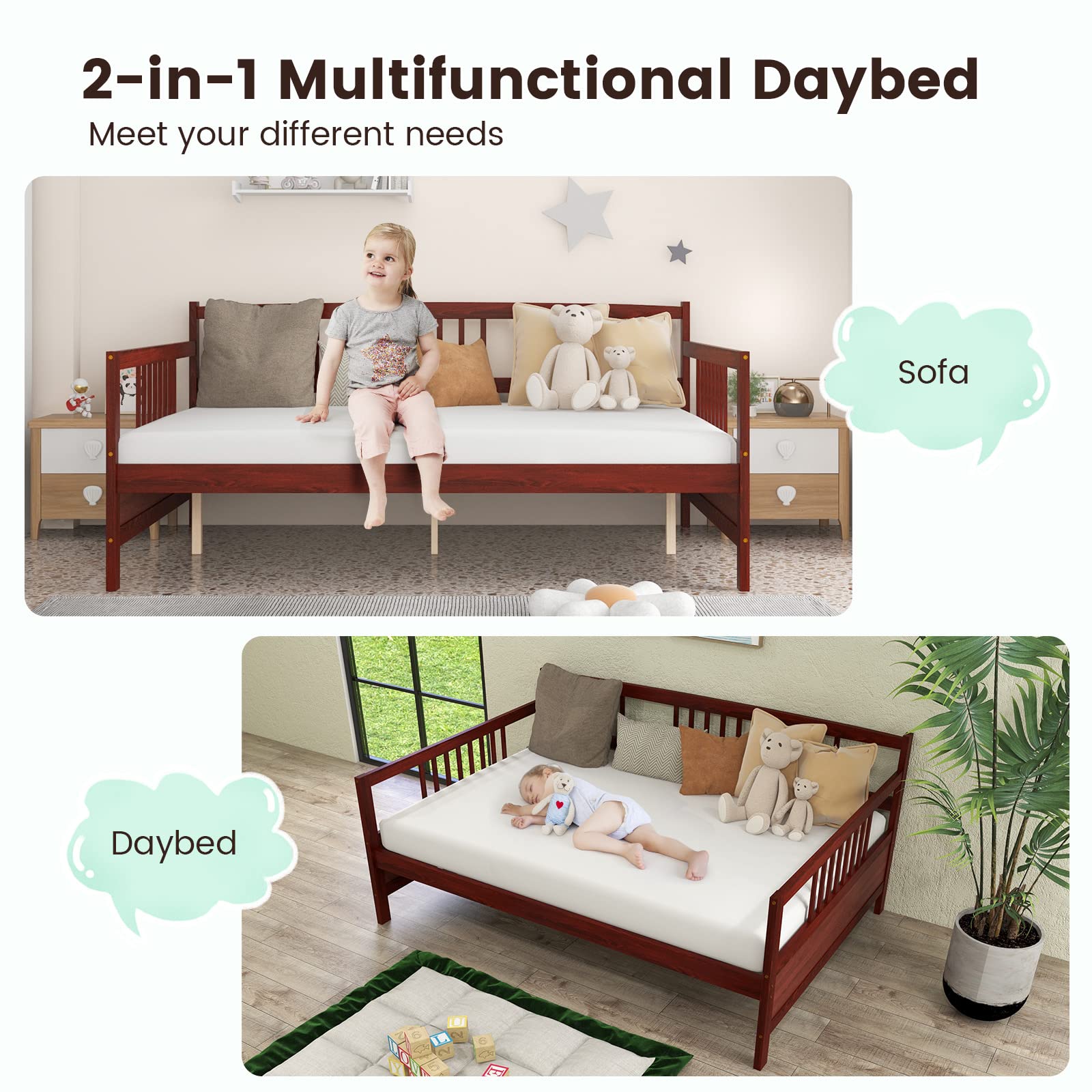 Full Size Wood Daybed with Wooden Slats Support