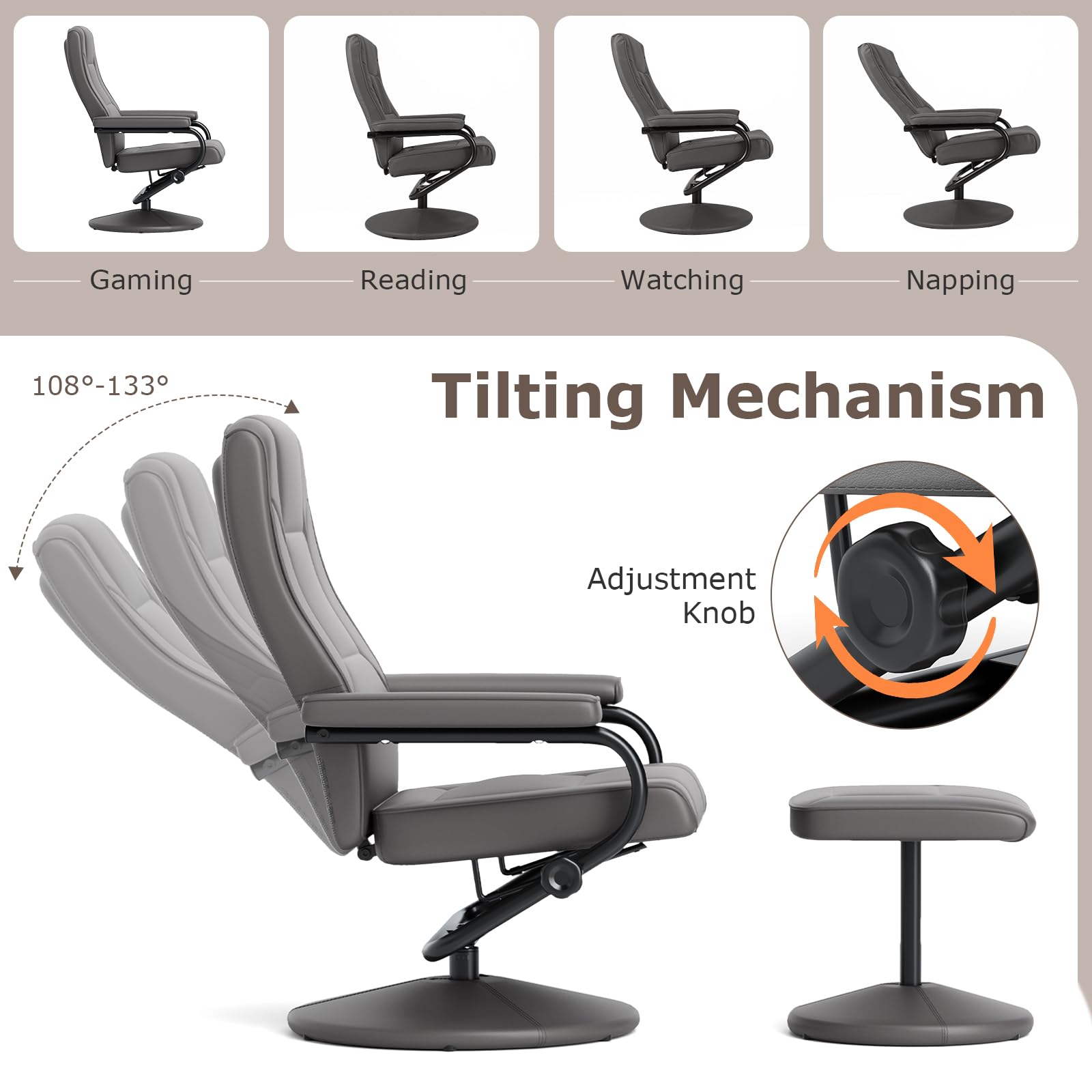 Recliner Chair with Ottoman, 360&deg; Swivel Faux Leather Reclining Chair w/Adjustable Backrest, Footrest