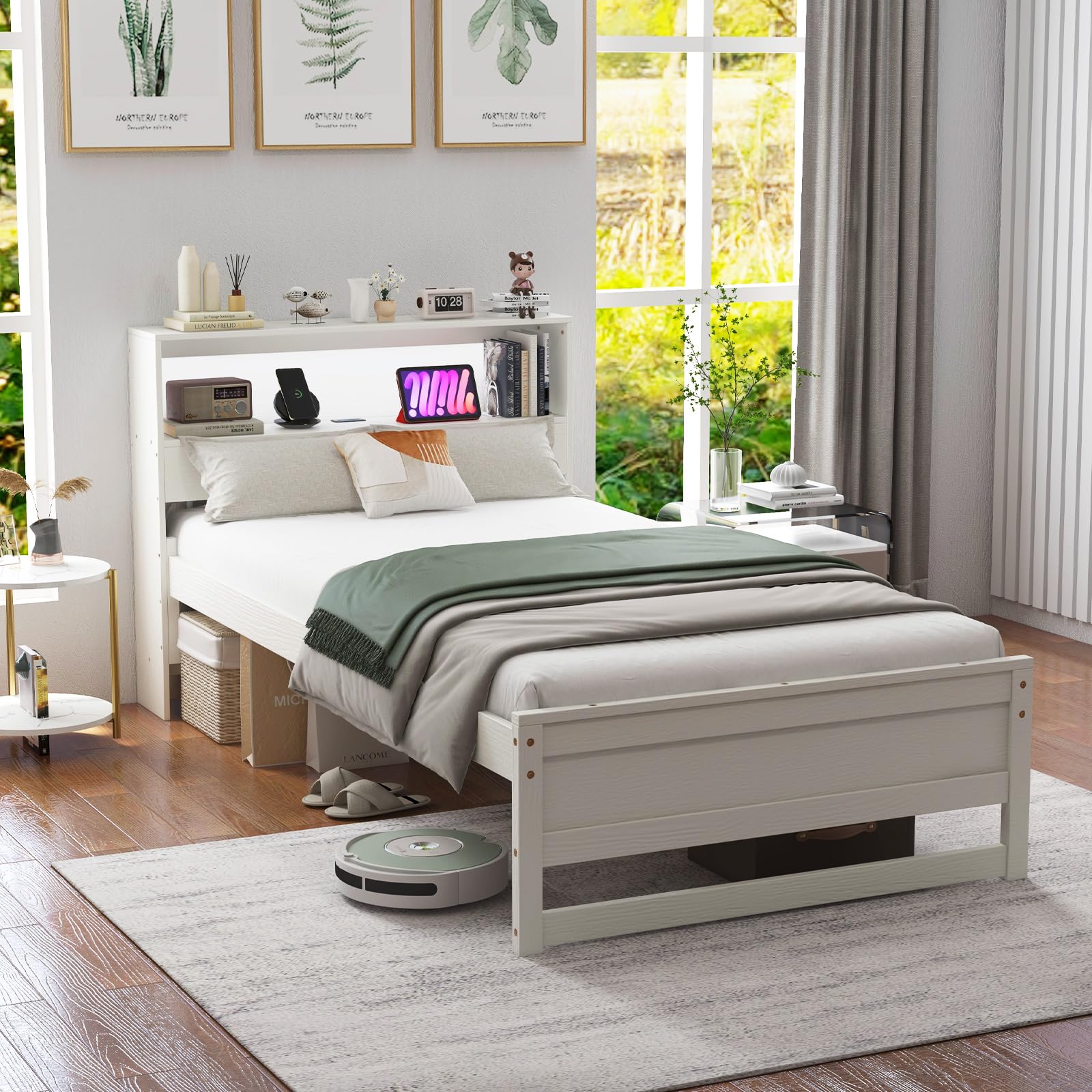 Twin Size Wood Platform Bed Frame with Charging Station & LED Light