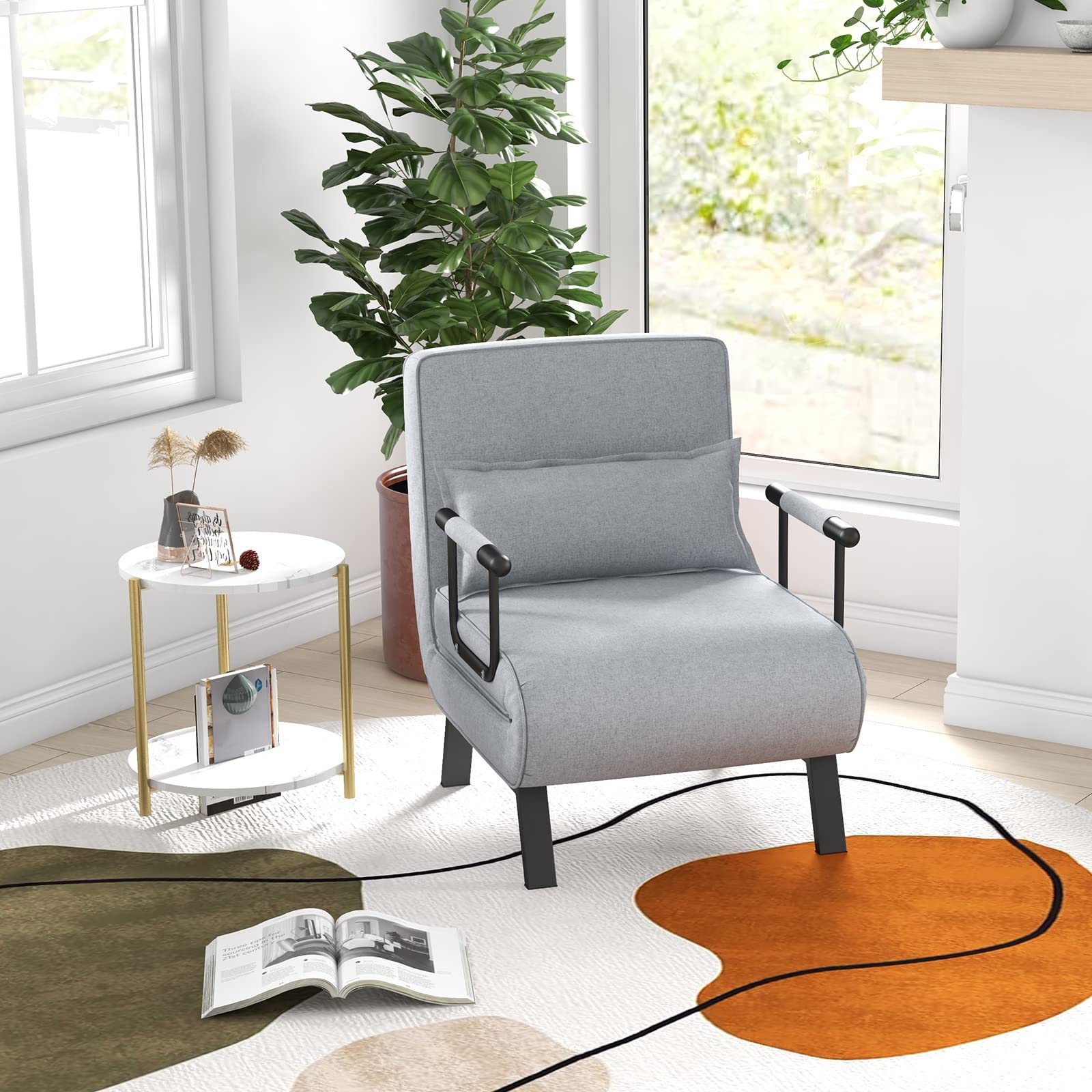 Convertible Upholstered Sleeper Chair Bed with Pillow, 4-in-1 Folding Sofa Bed with 6-Position Adjustable Backrest