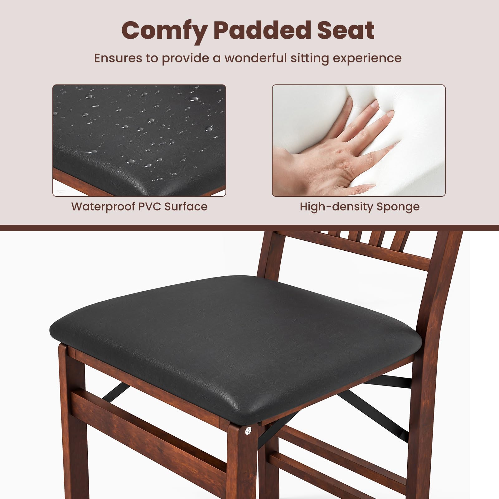 Folding Dining Chairs Set of 2/4, Foldable Wood Chairs with PVC Padded Seat & High Backrest
