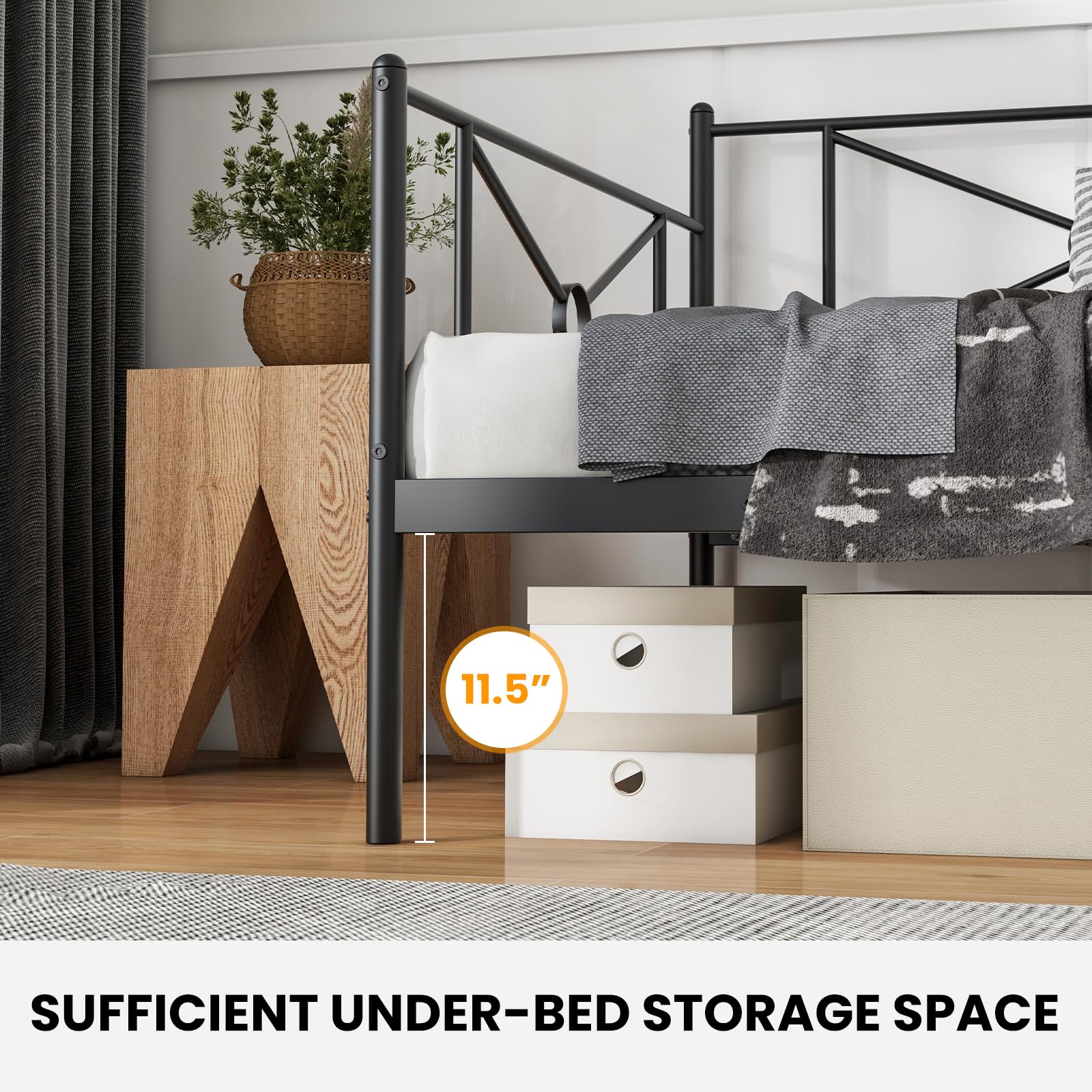 Twin Size Metal Daybed Frame, Heavy-Duty Steel Slats Support Platform Bed Frame, Multifunctional Sofa Guest Bed with Headboard