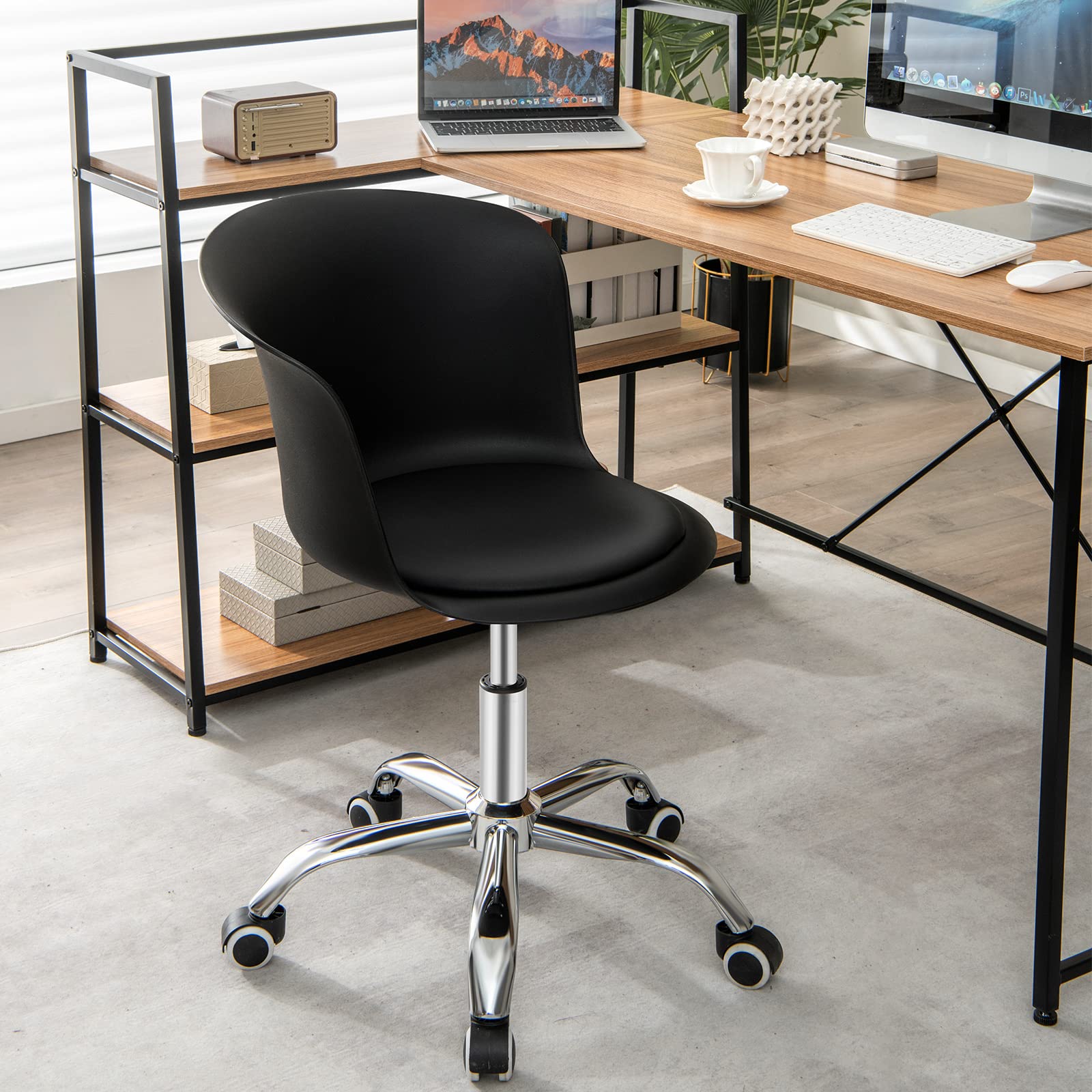 Home Office Desk Chair Set of 2/4, Armless Plastic Swivel Rolling Task Chair w/Soft PU Leather Cushion & Universal Casters