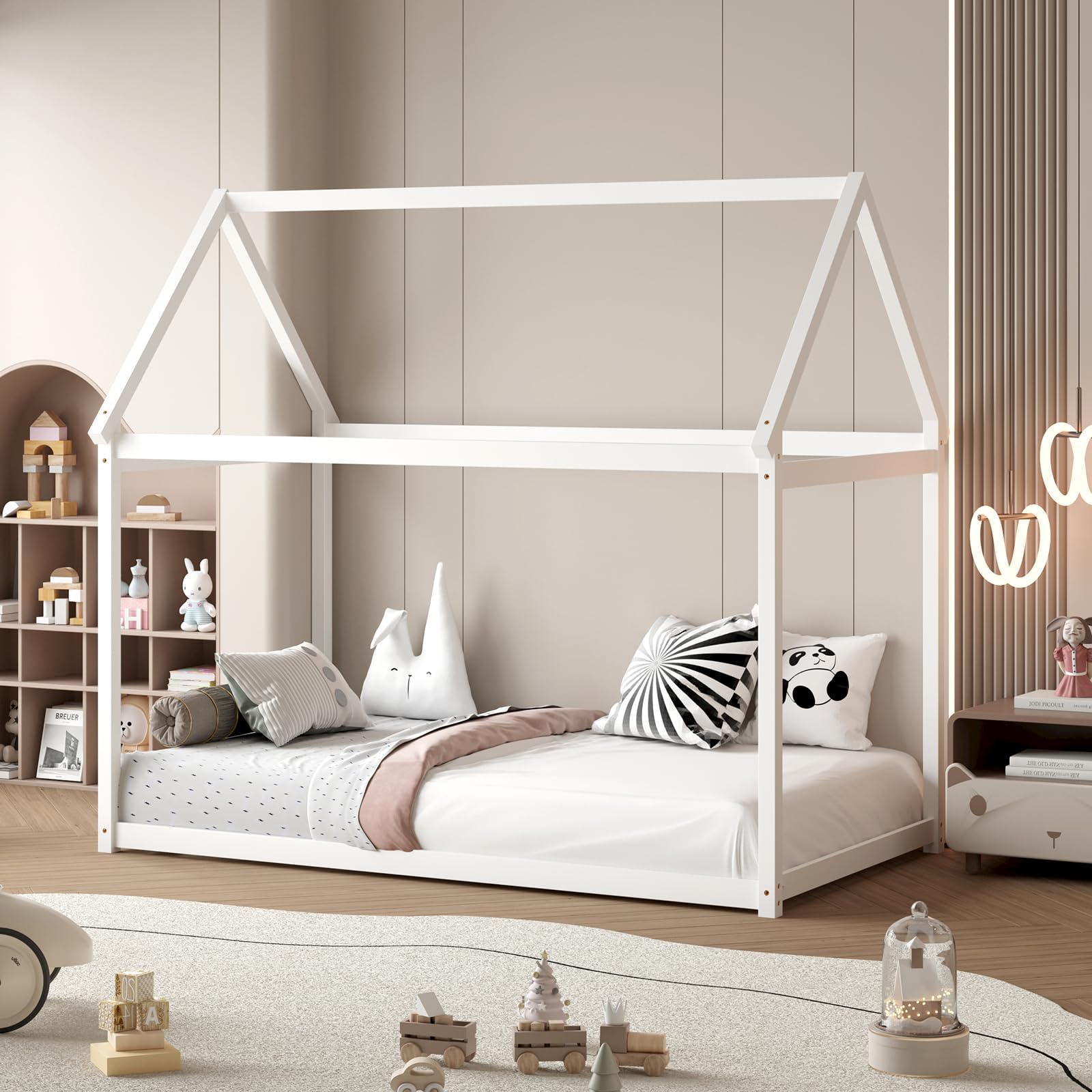 Twin Size House Bed for Kids, Solid Wood Platform Floor Bed with Roof & Multiple Slats