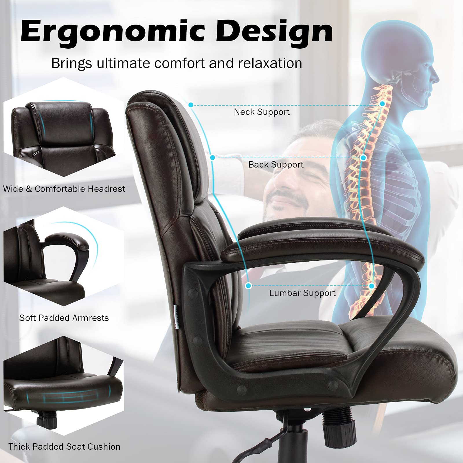 Leather Modern Executive Chair, Ergonomic Mid Back Computer Desk Chair w/Padded Armrests