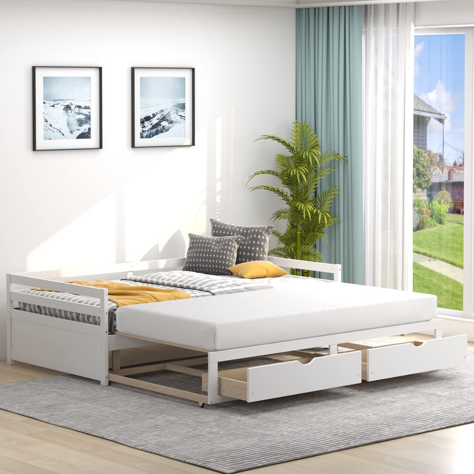 Wood Daybed with Trundle, Extendable Twin to King Daybed Frame with 2 Storage Drawers