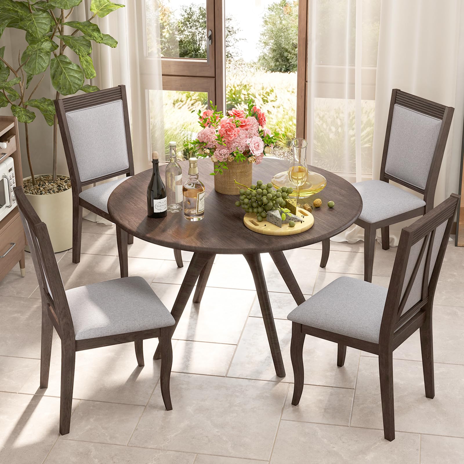 Wood Dining Chairs Set of 2/4, Farmhouse Upholstered Kitchen Chairs w/Rubber Wood Frame, Padded Seat, High Backrest