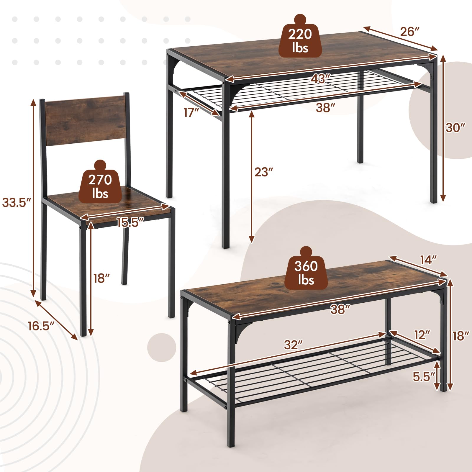 4 Pieces Dining Table Set, Kitchen Table and 2 Chairs for 4 with Bench, Storage Racks