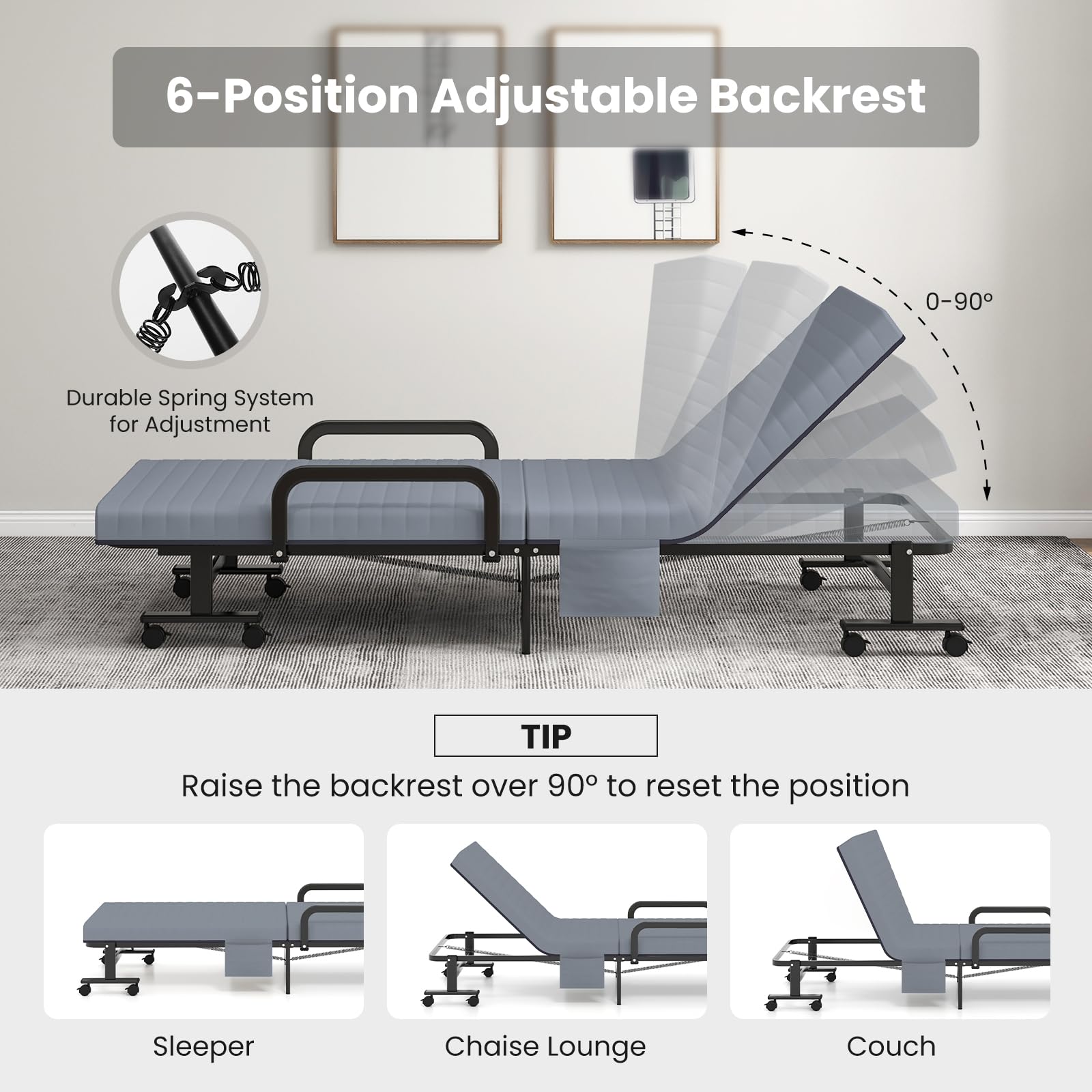 Portable Guest Bed with 6 Positions Adjustable Backrest & Side Storage Pocket