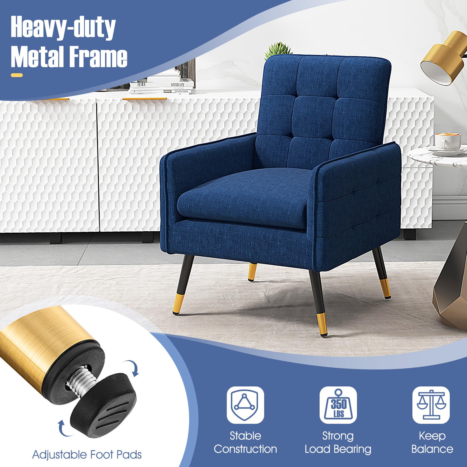 Modern Accent Chair, Upholstered Armchair Single Sofa Chair with Metal Legs & Adjustable Foot Pads
