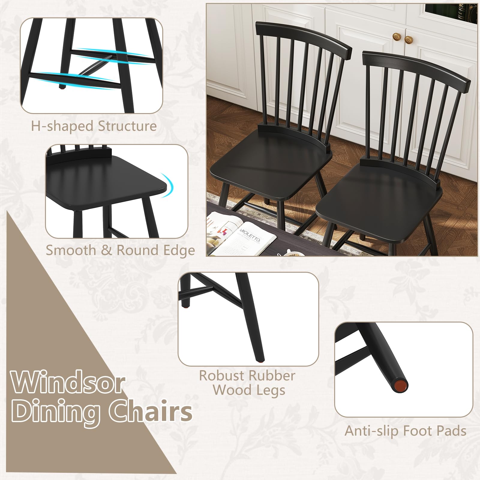 Windsor Dining Chairs Set of 2/4 with Wide Seat & Spindle Back