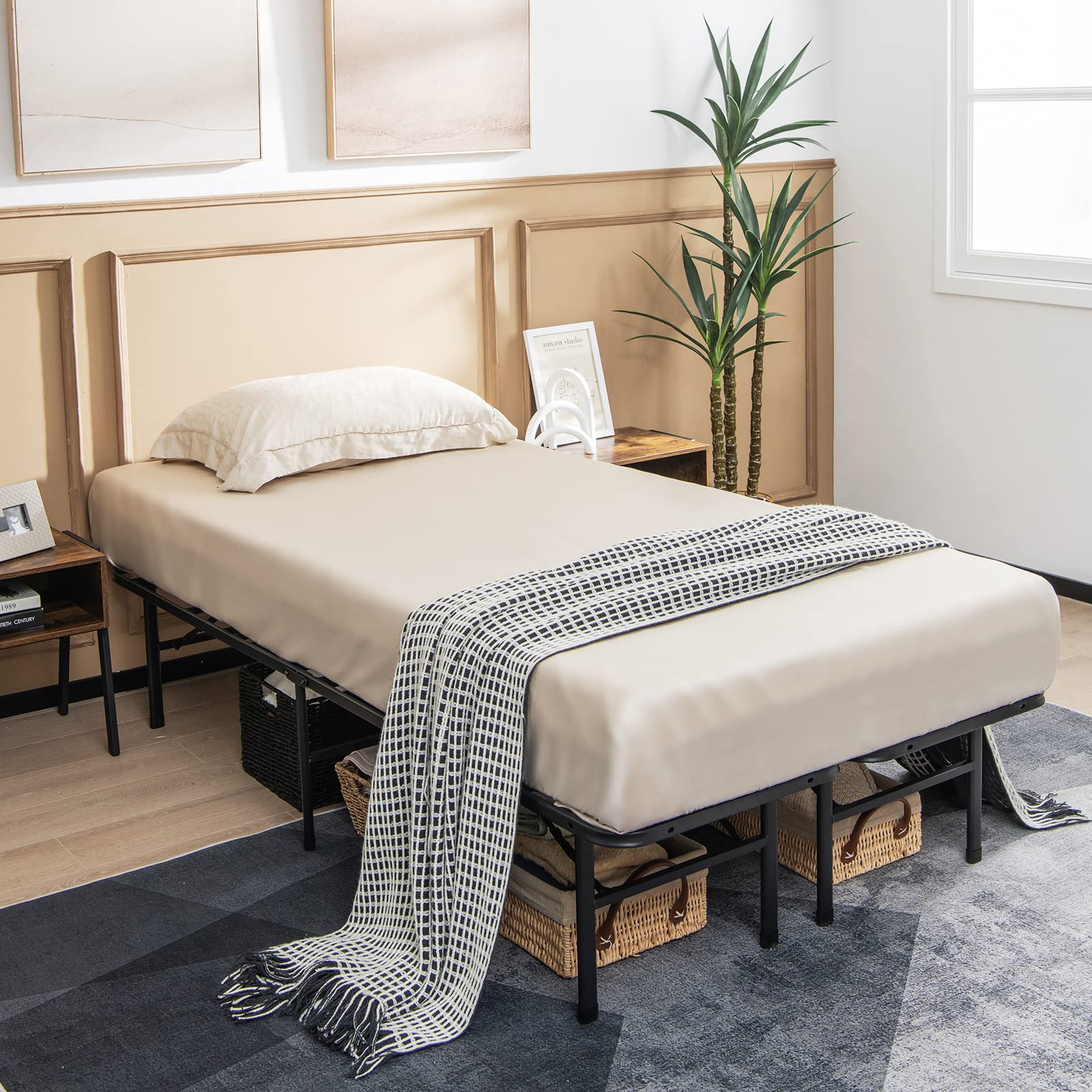 2 in 1 Folding Metal Bed Frame,Twin/Full- Queen/King Size Portable Bed Base